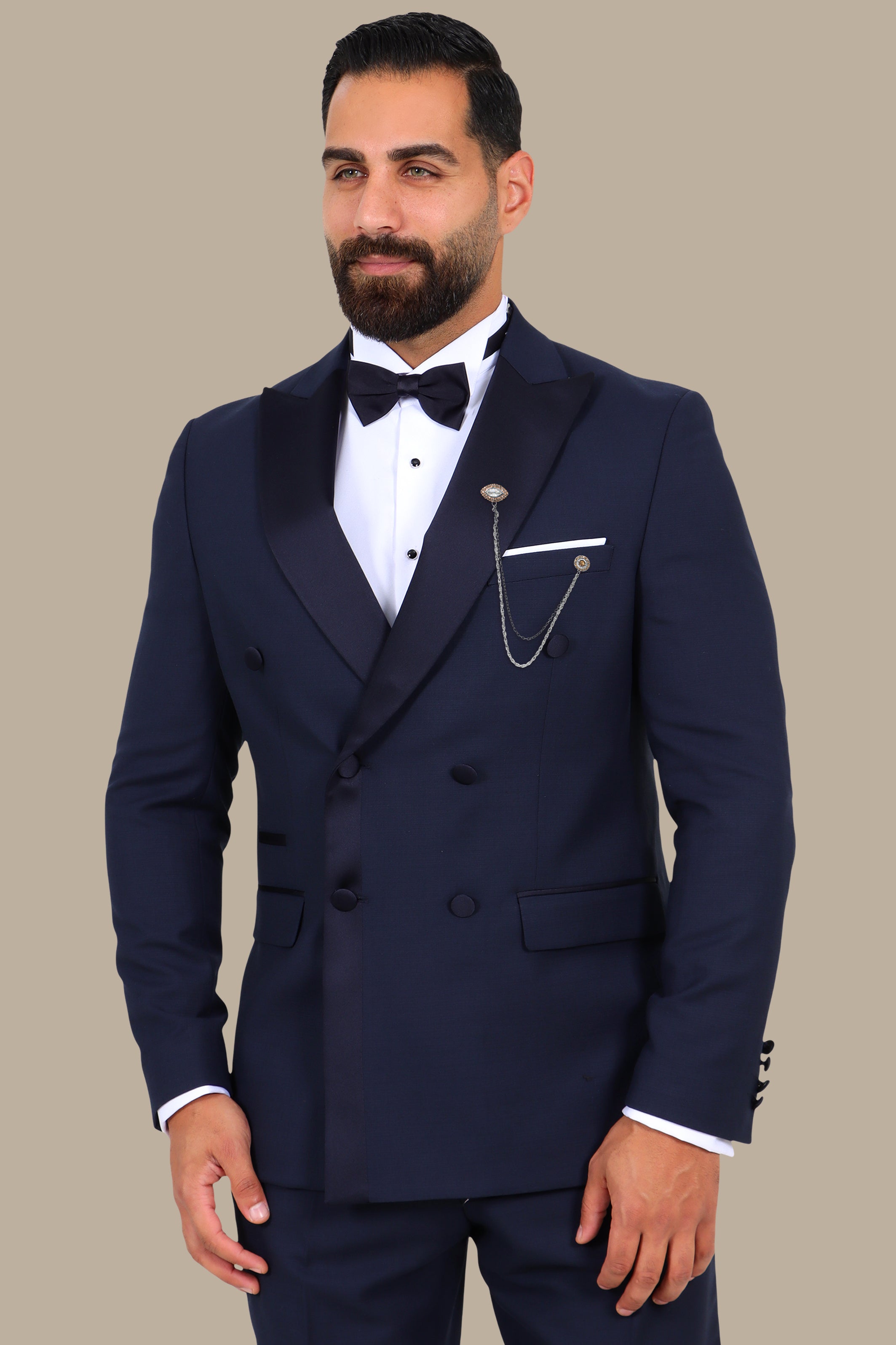 3-Piece Tuxedo Double-Breasted 6-Button Peak Lapel Structured Navy