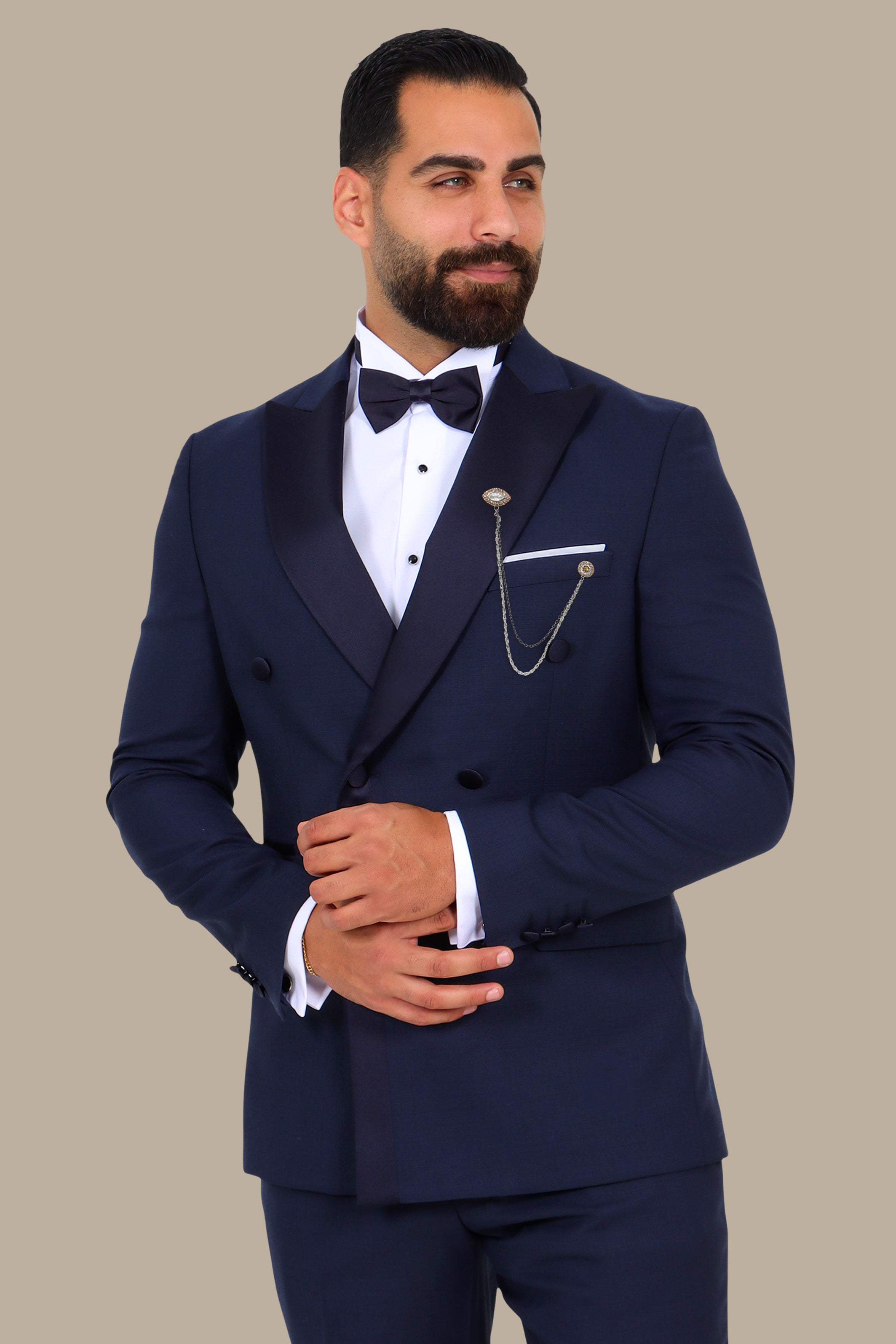 3-Piece Tuxedo Double-Breasted 6-Button Peak Lapel Structured Navy