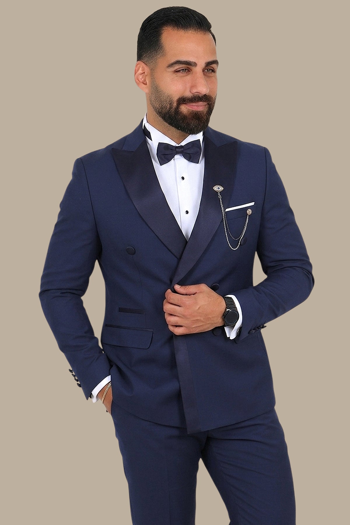 3-Piece Tuxedo Double-Breasted 6-Button Peak Lapel Structured Navy