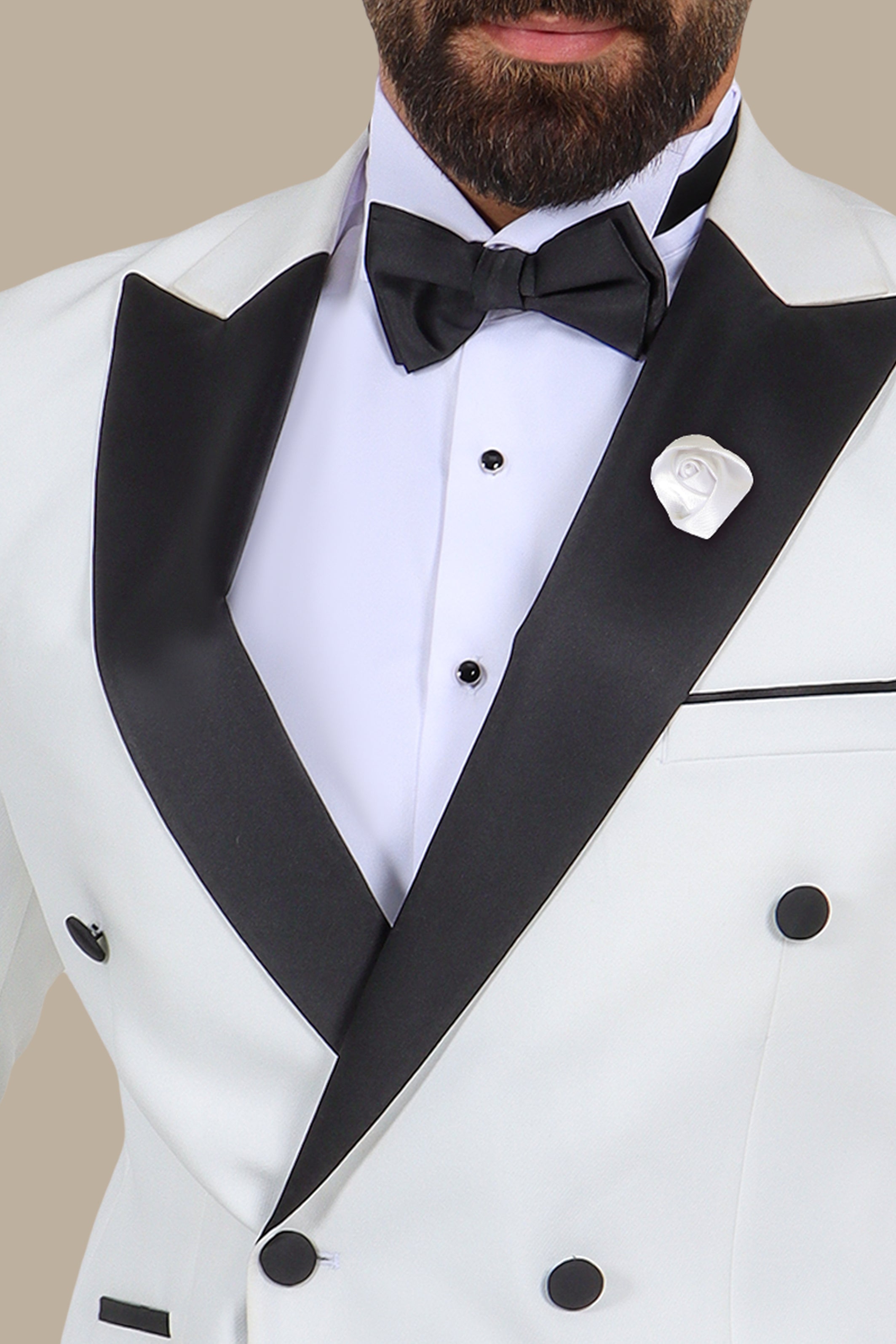 3-Piece Tuxedo Double-Breasted 4-Button Peak Lapel White with Black Satin