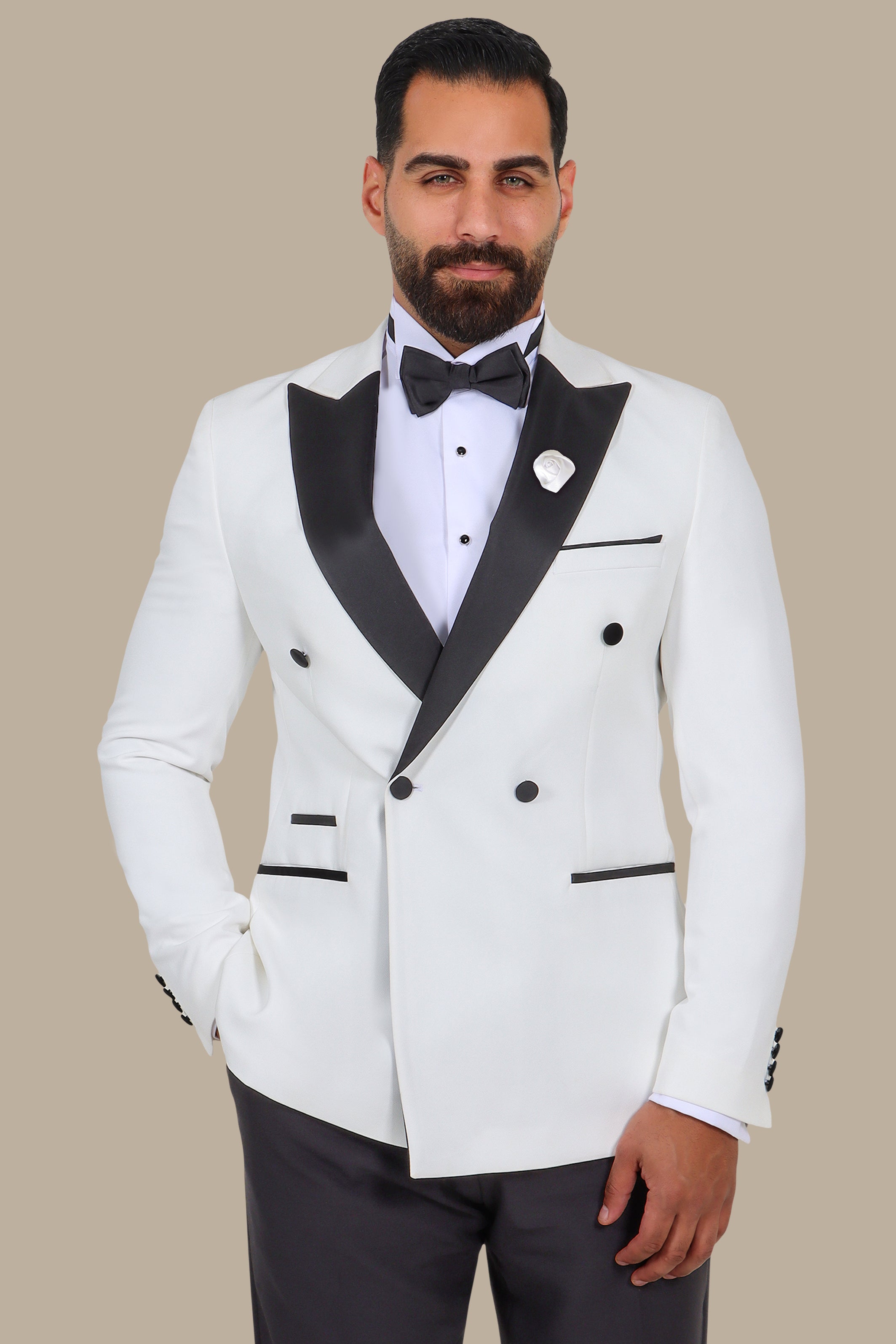 3-Piece Tuxedo Double-Breasted 4-Button Peak Lapel White with Black Satin