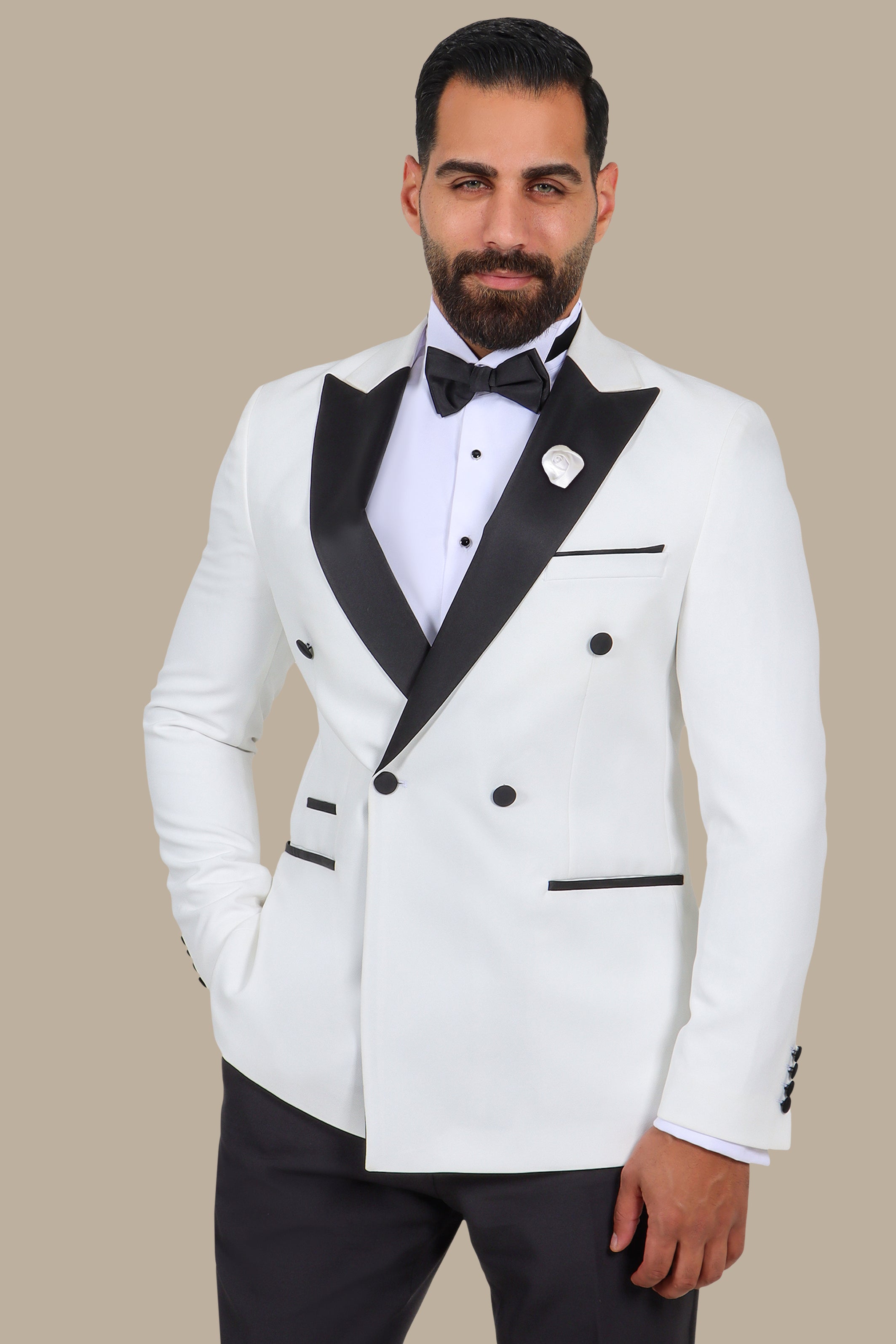 3-Piece Tuxedo Double-Breasted 4-Button Peak Lapel White with Black Satin