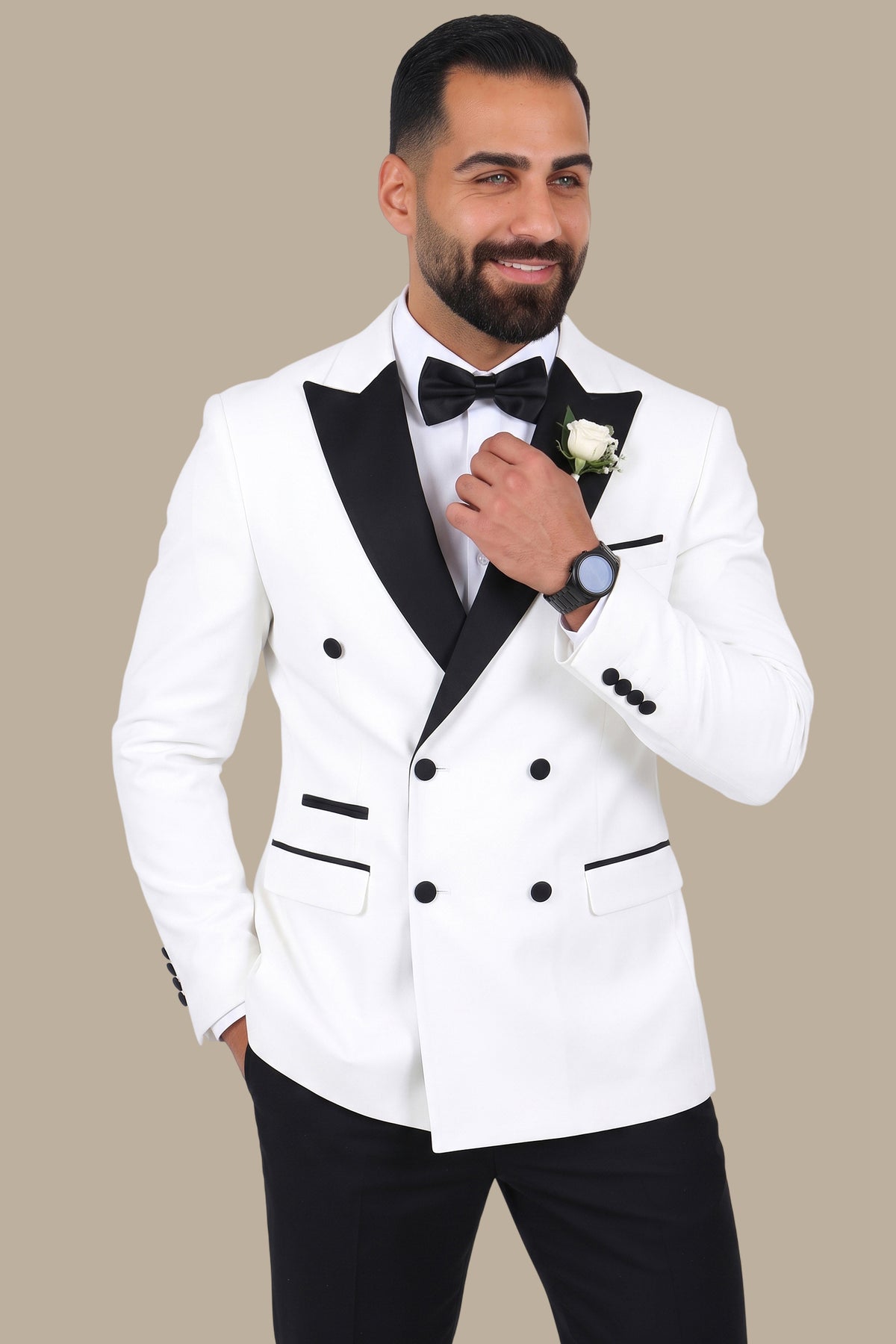 3-Piece Tuxedo Double-Breasted 4-Button Peak Lapel White with Black Satin