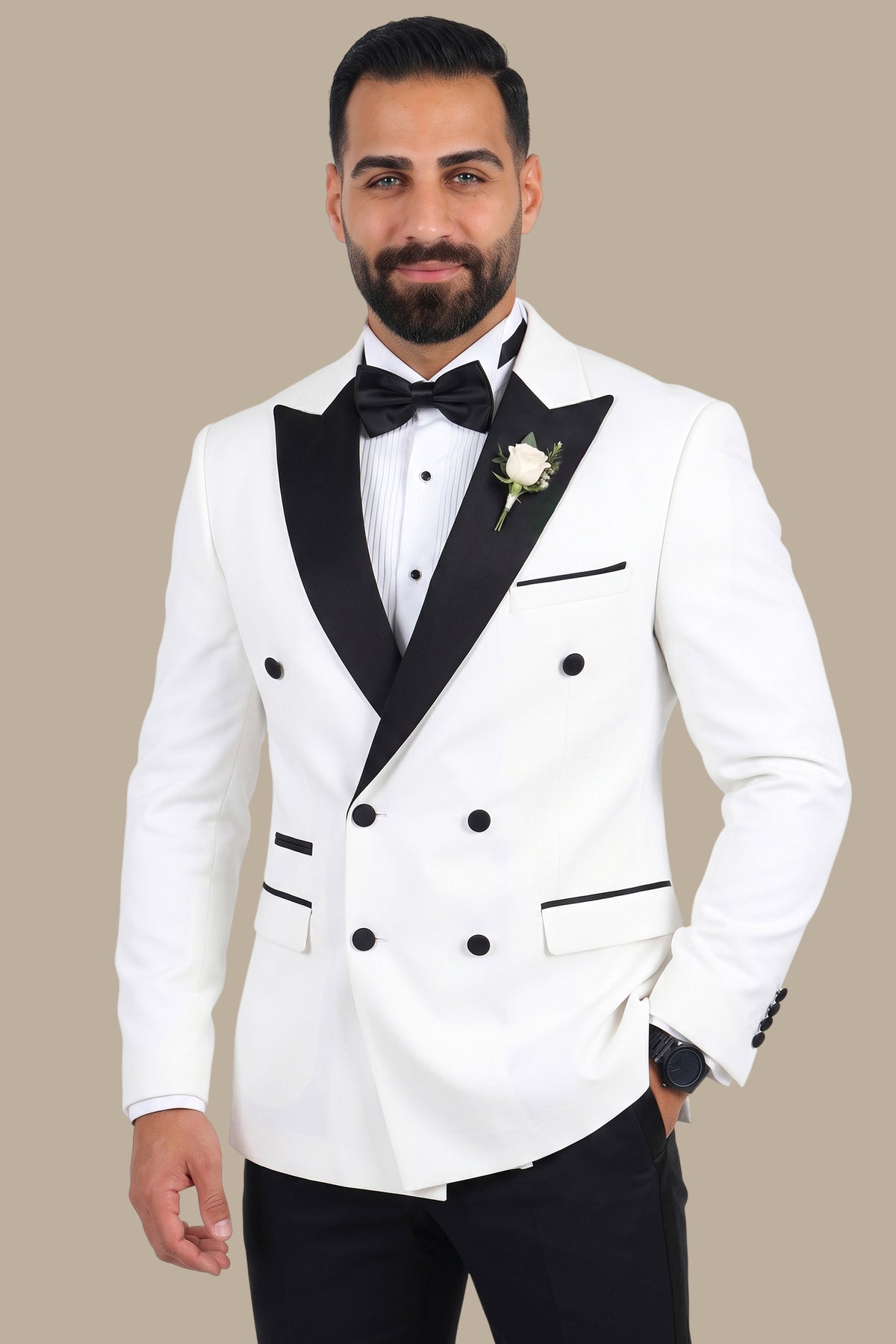 3-Piece Tuxedo Double-Breasted 4-Button Peak Lapel White with Black Satin