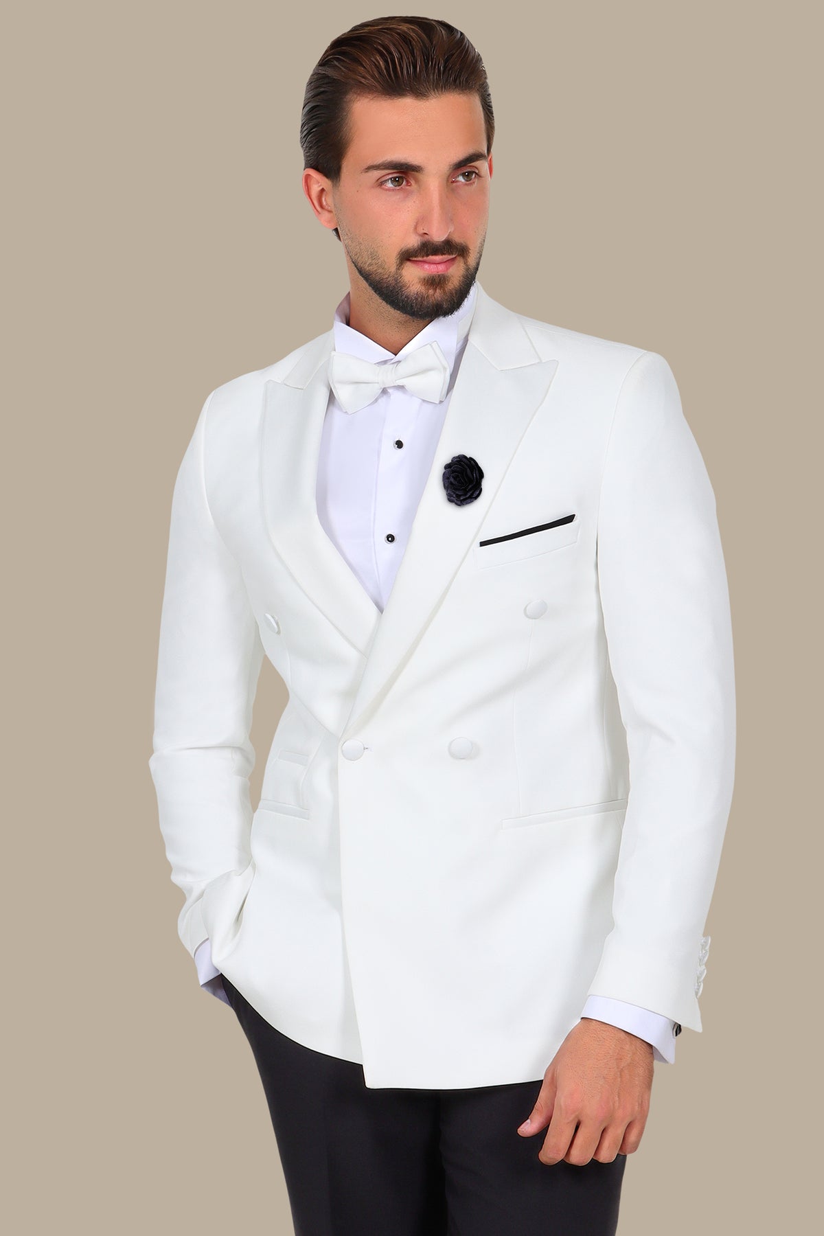 White Double Breasted Tuxedo 4 Buttons Peak Lapel