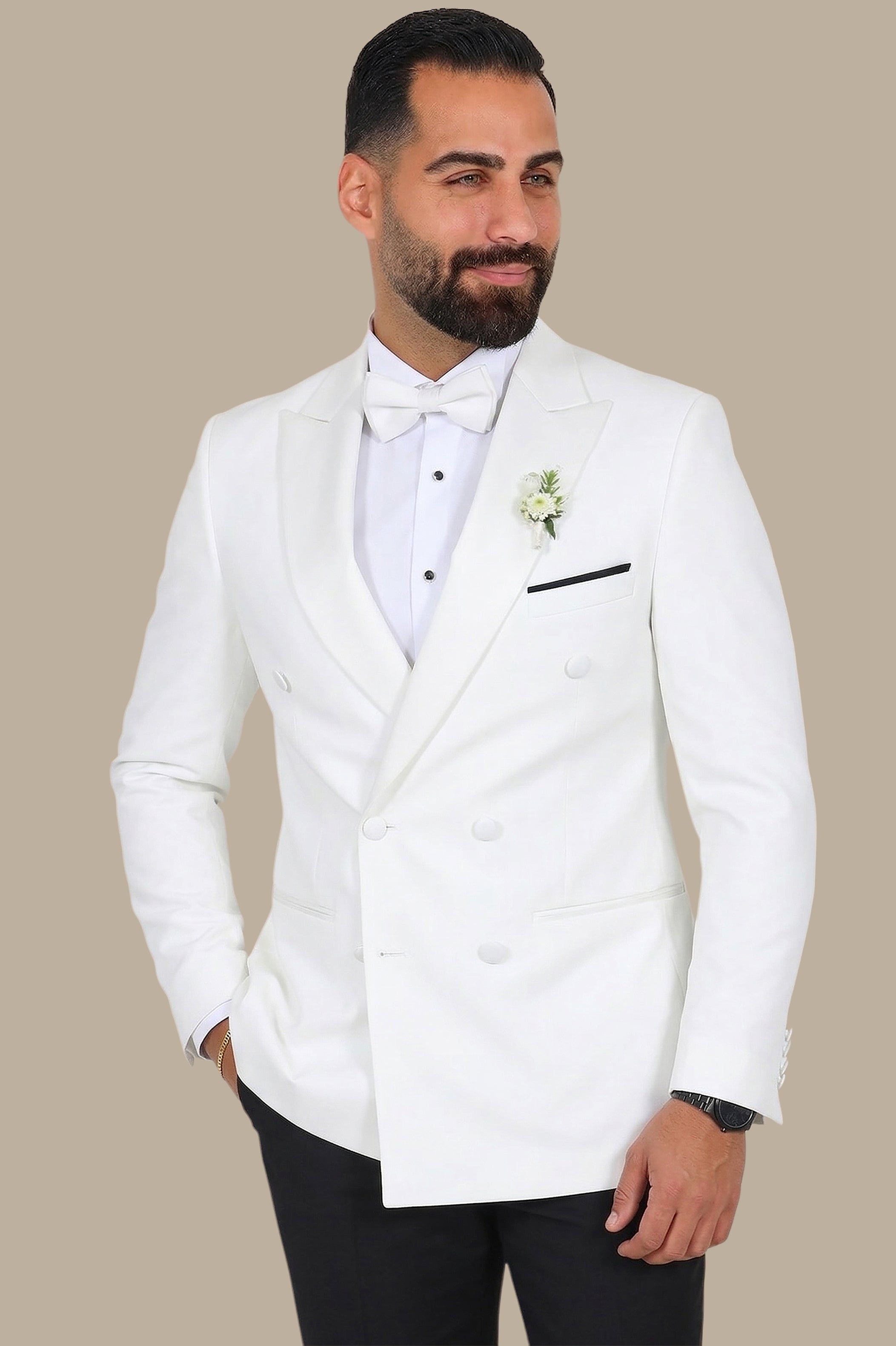 White Double Breasted Tuxedo 4 Buttons Peak Lapel