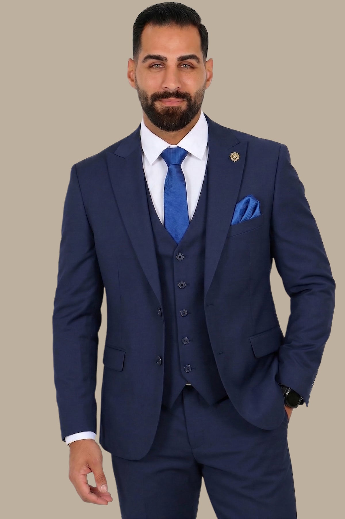 Navy Blue 3-Piece Peak Lapel Suit