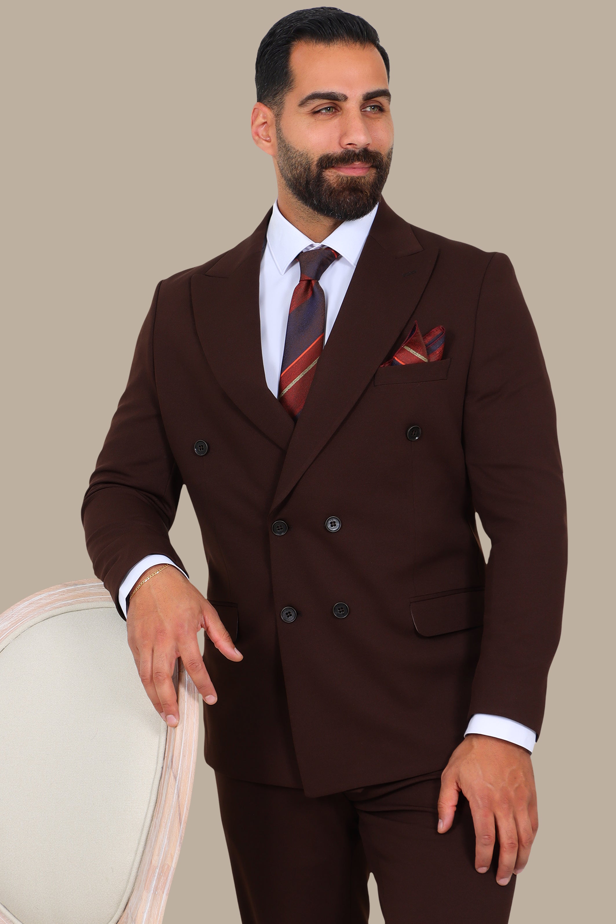 Brown Double-Breasted Suit with Diamond Pattern