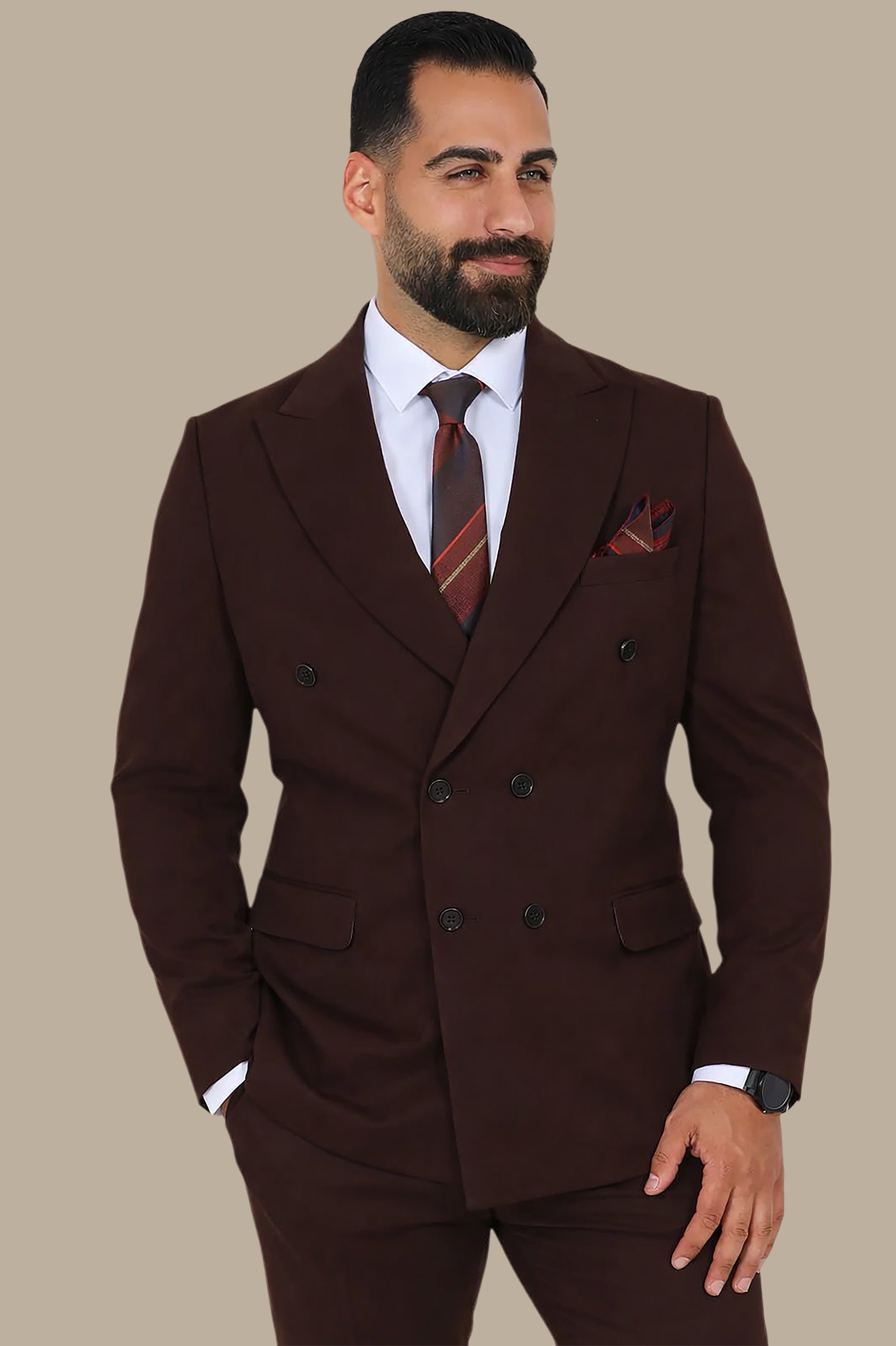 Brown Double-Breasted Suit with Diamond Pattern