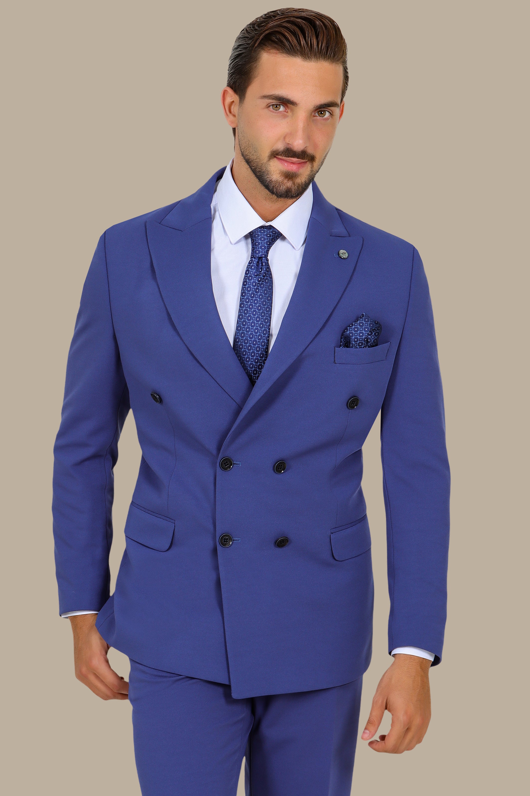 Blue Double-Breasted Diamond Pattern Suit