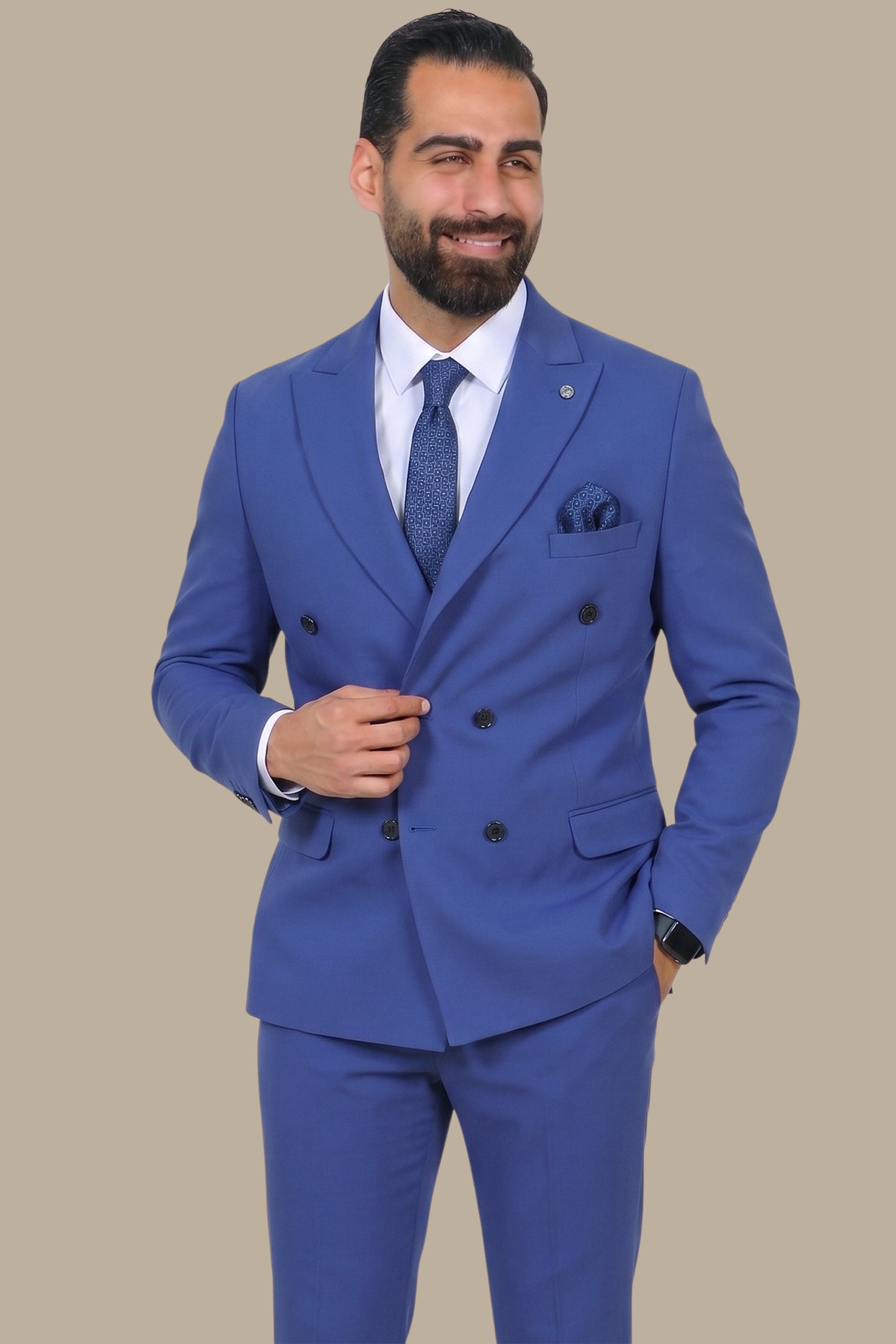 Blue Double-Breasted Diamond Pattern Suit