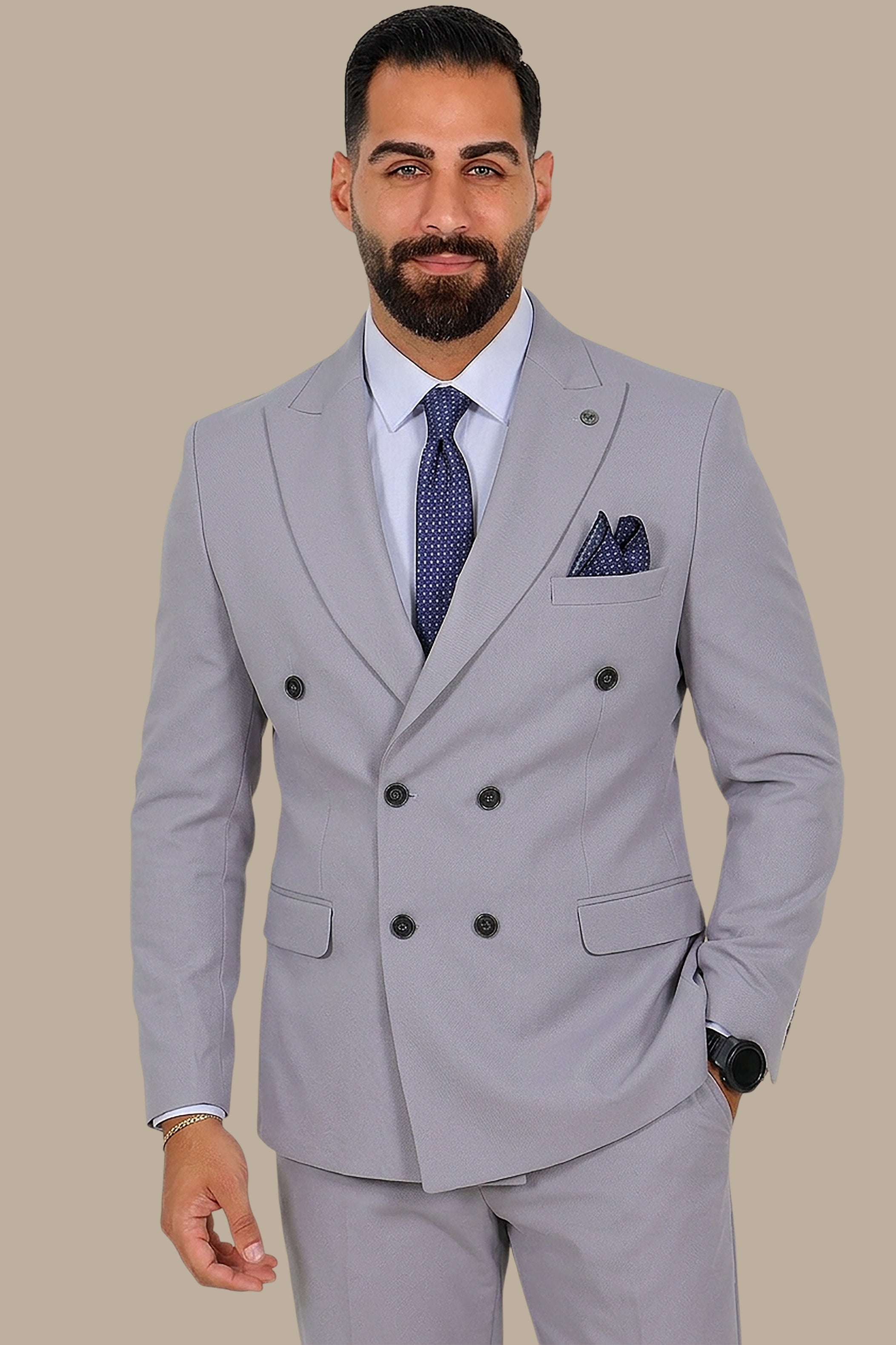 Light Grey Double-Breasted Diamond Pattern Suit