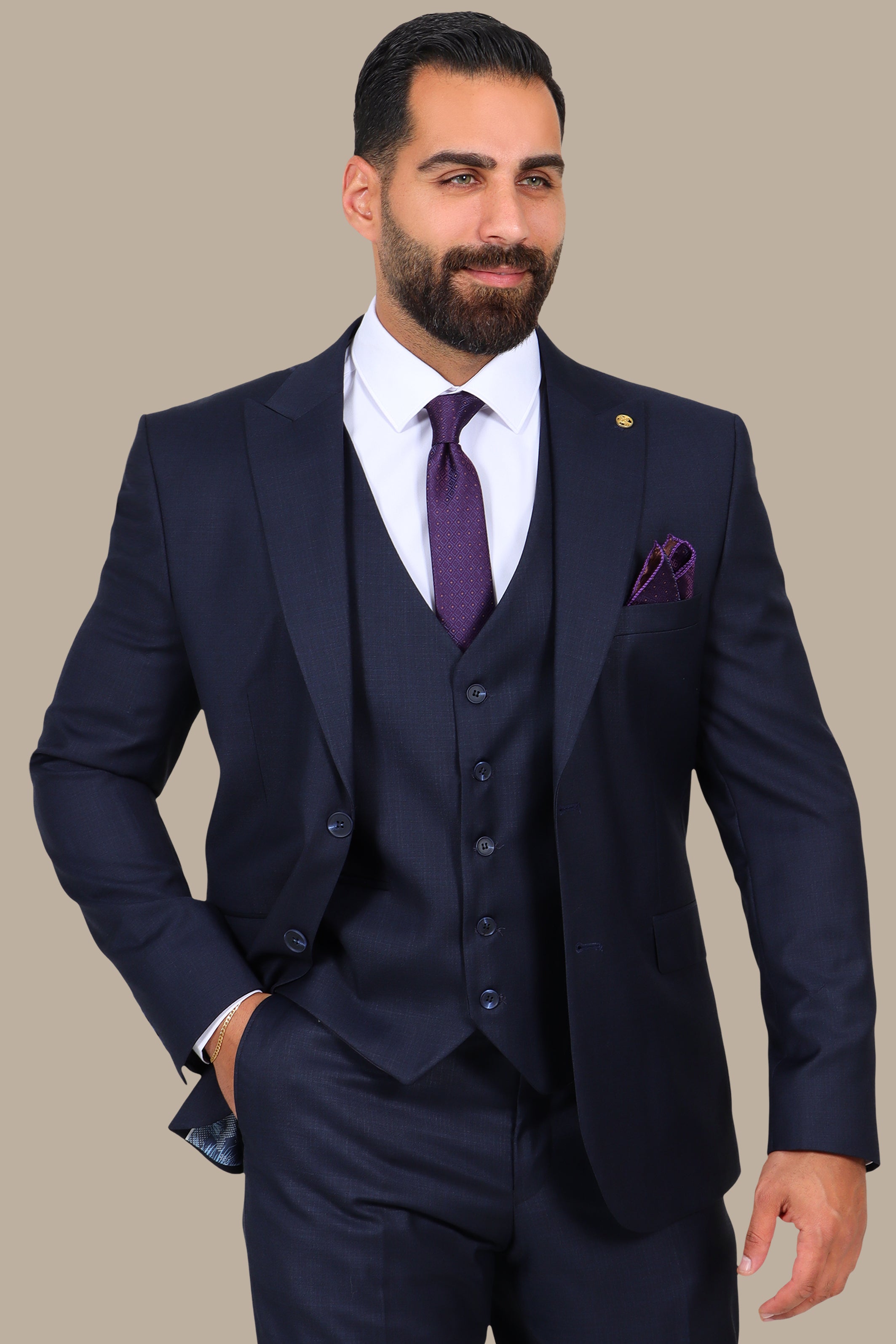 Dark Navy 3-Piece Fil à Fil Peak Lapel Suit