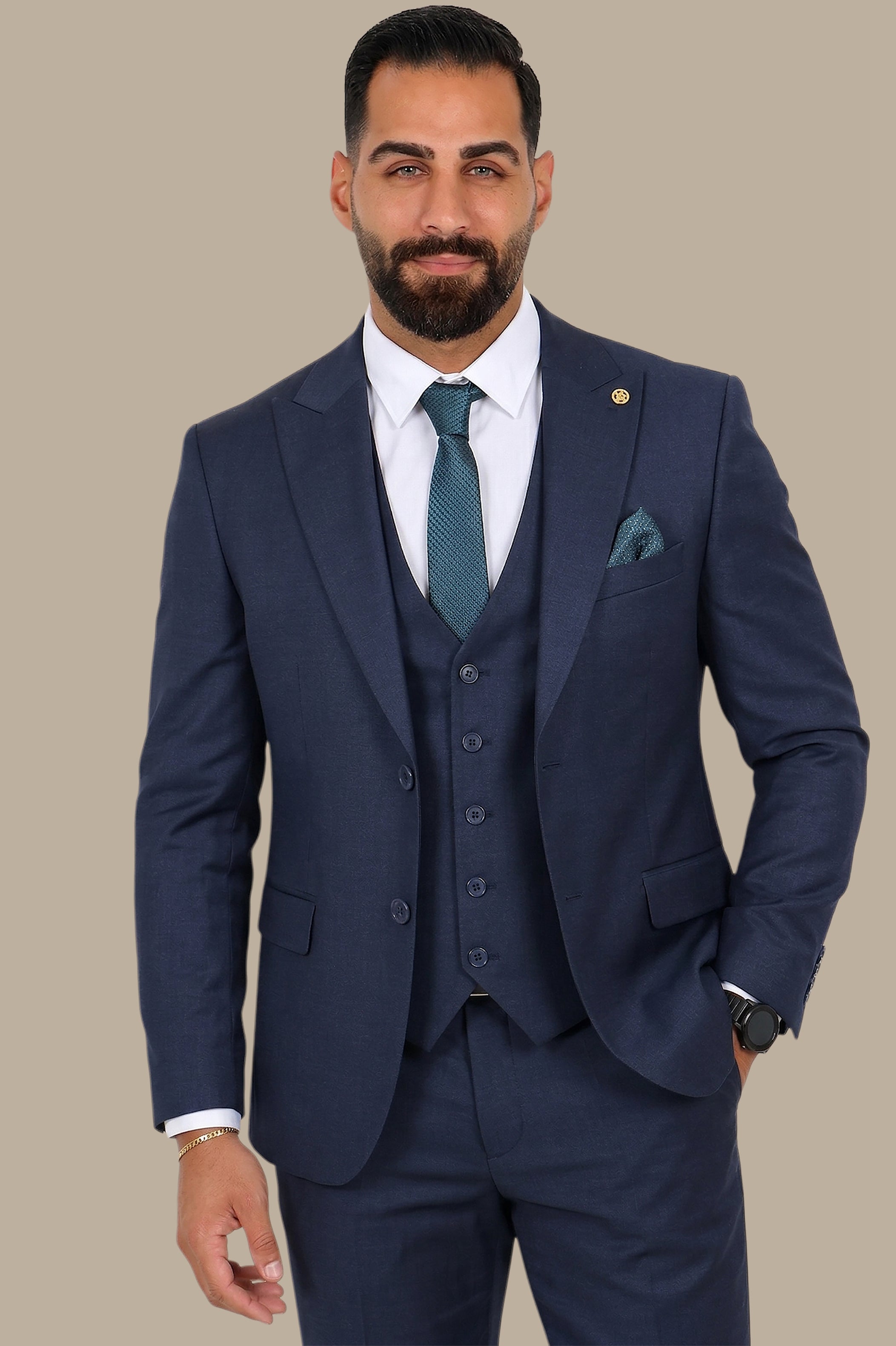 Dark Navy 3-Piece Fil à Fil Peak Lapel Suit