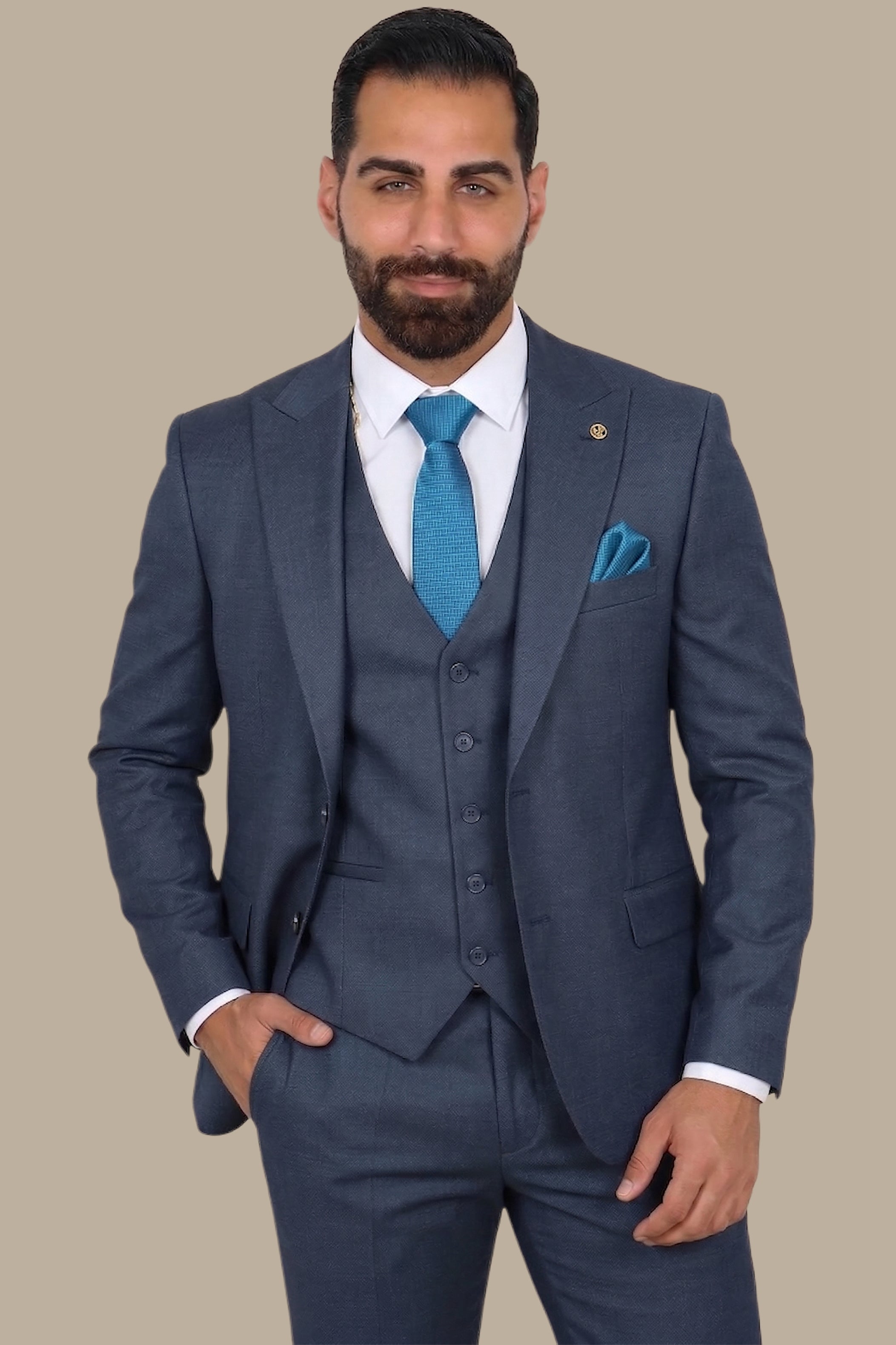 Petrol 3-Piece Fil à Fil Peak Lapel Suit