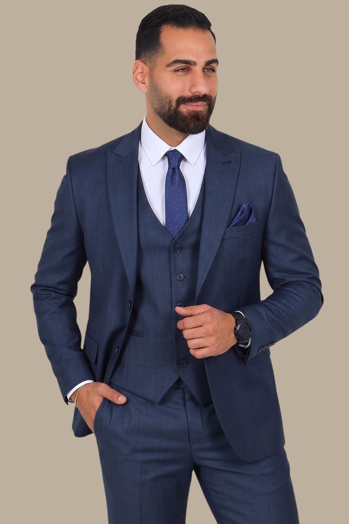 Petrol 3-Piece Fil à Fil Peak Lapel Suit
