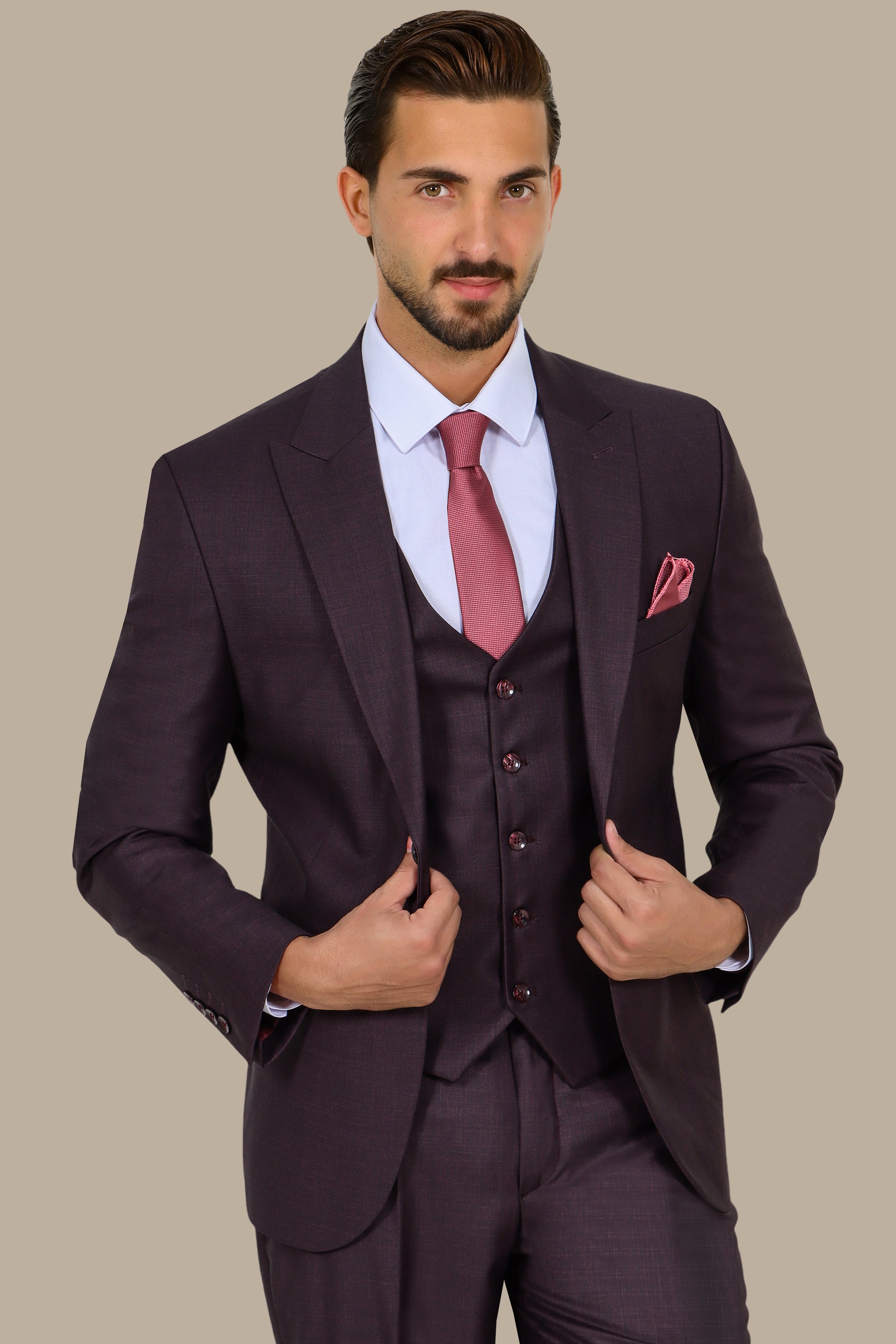 Burgundy 3-Piece Fil à Fil Peak Lapel Suit