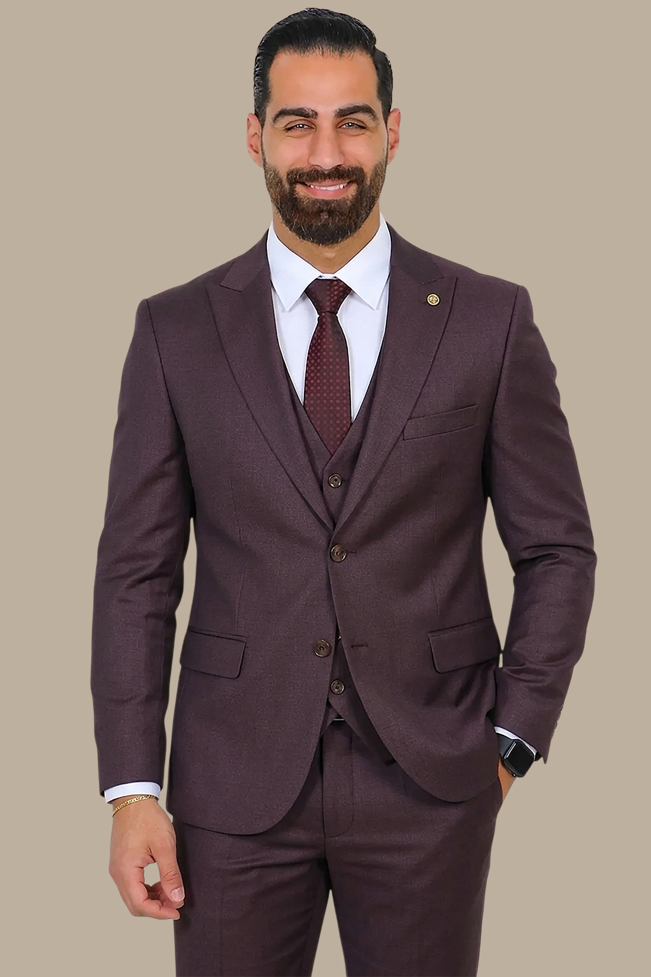 Burgundy 3-Piece Fil à Fil Peak Lapel Suit