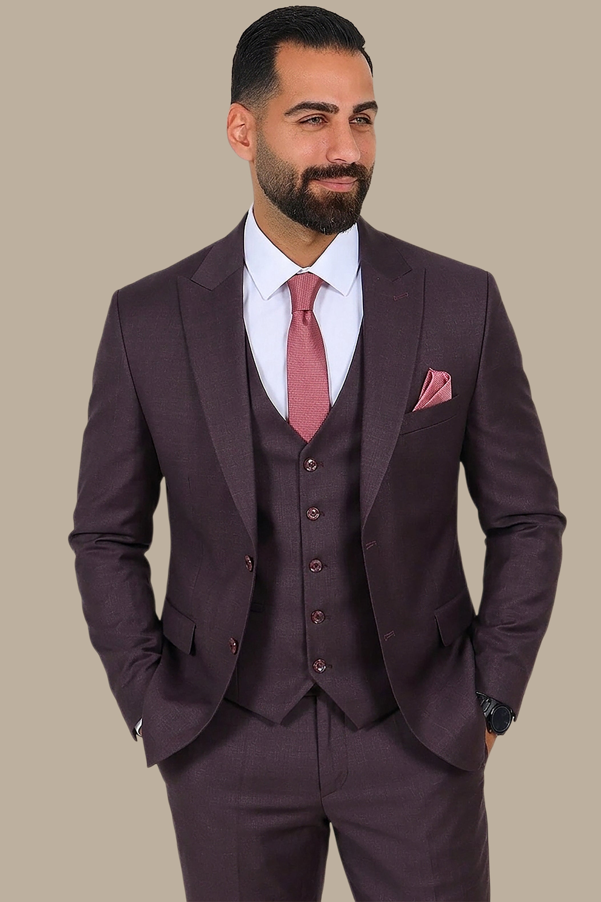Burgundy 3-Piece Fil à Fil Peak Lapel Suit