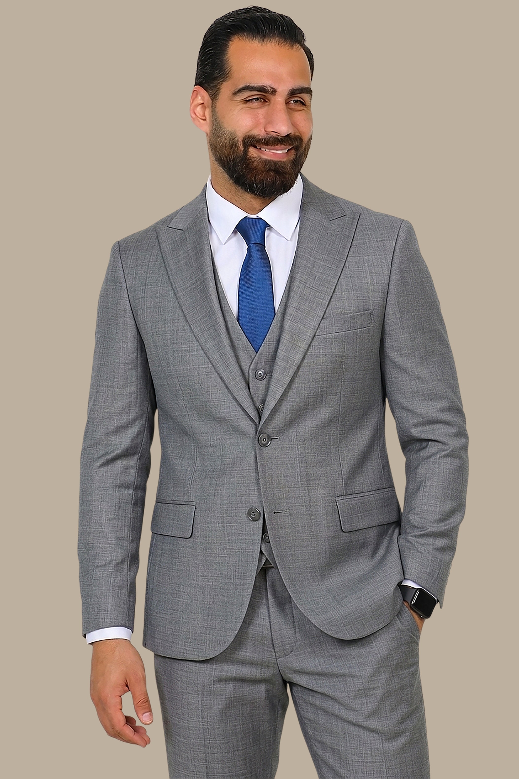 Grey 3-Piece Fil à Fil Peak Lapel Suit