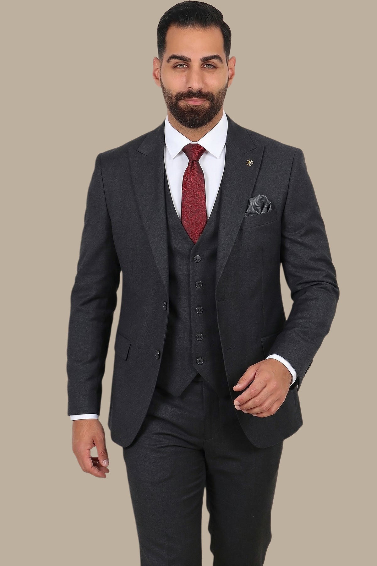 Black 3-Piece Fil à Fil Peak Lapel Suit