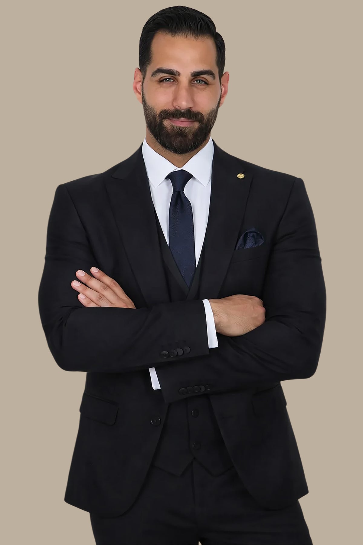 Black 3-Piece Fil à Fil Peak Lapel Suit