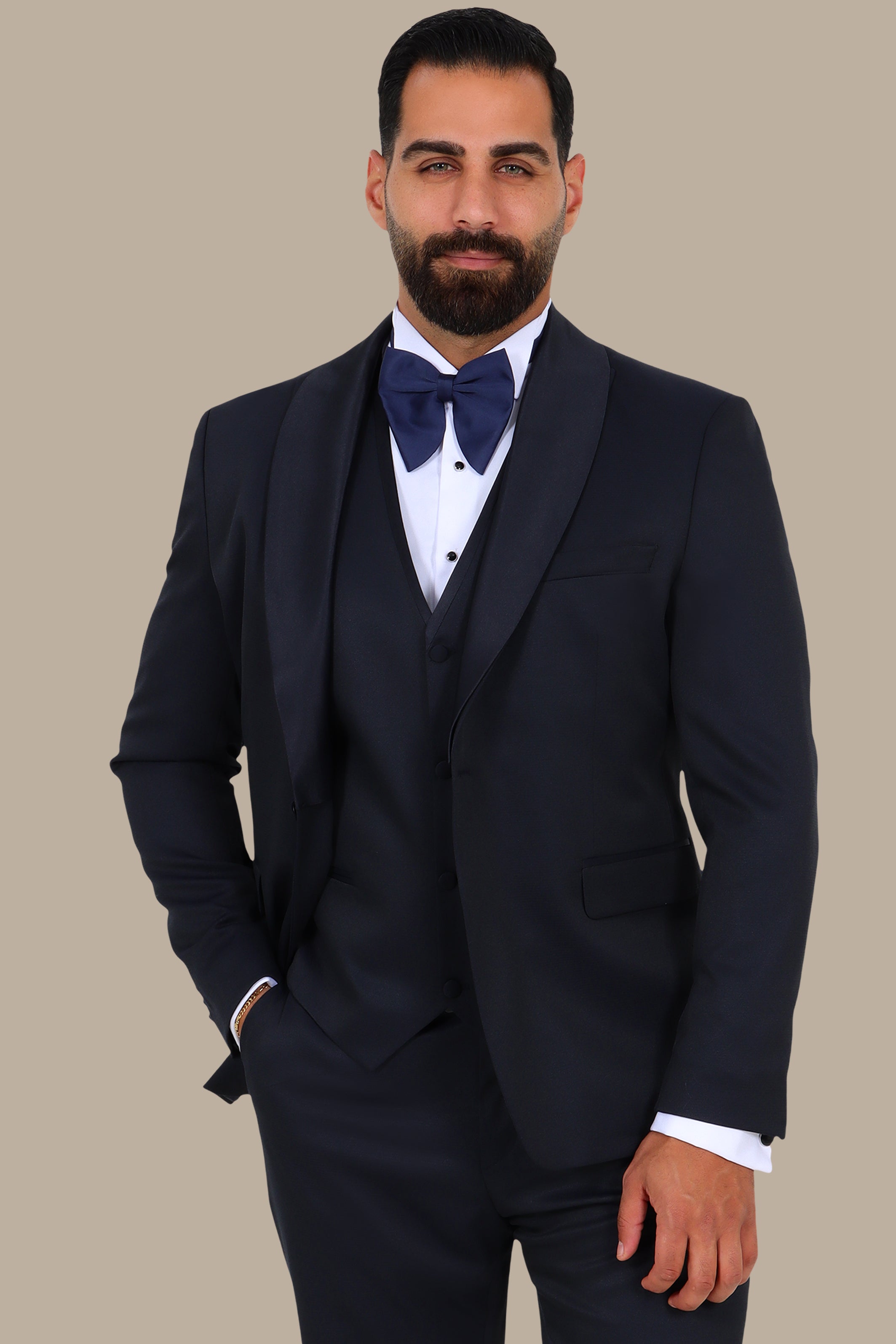 4-Piece Tuxedo Shawl Collar Diamond Pattern Navy