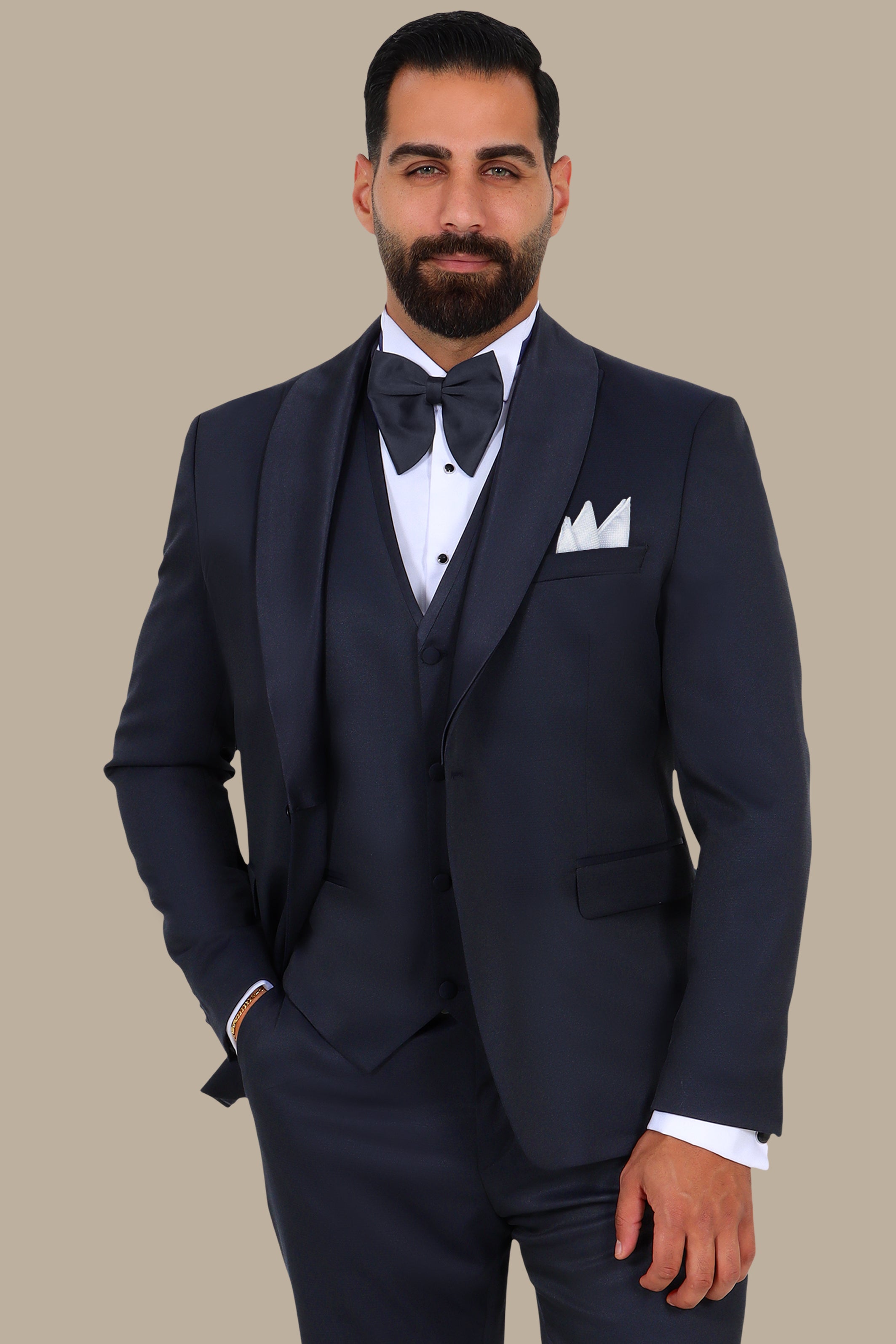 4-Piece Tuxedo Shawl Collar Diamond Pattern Navy