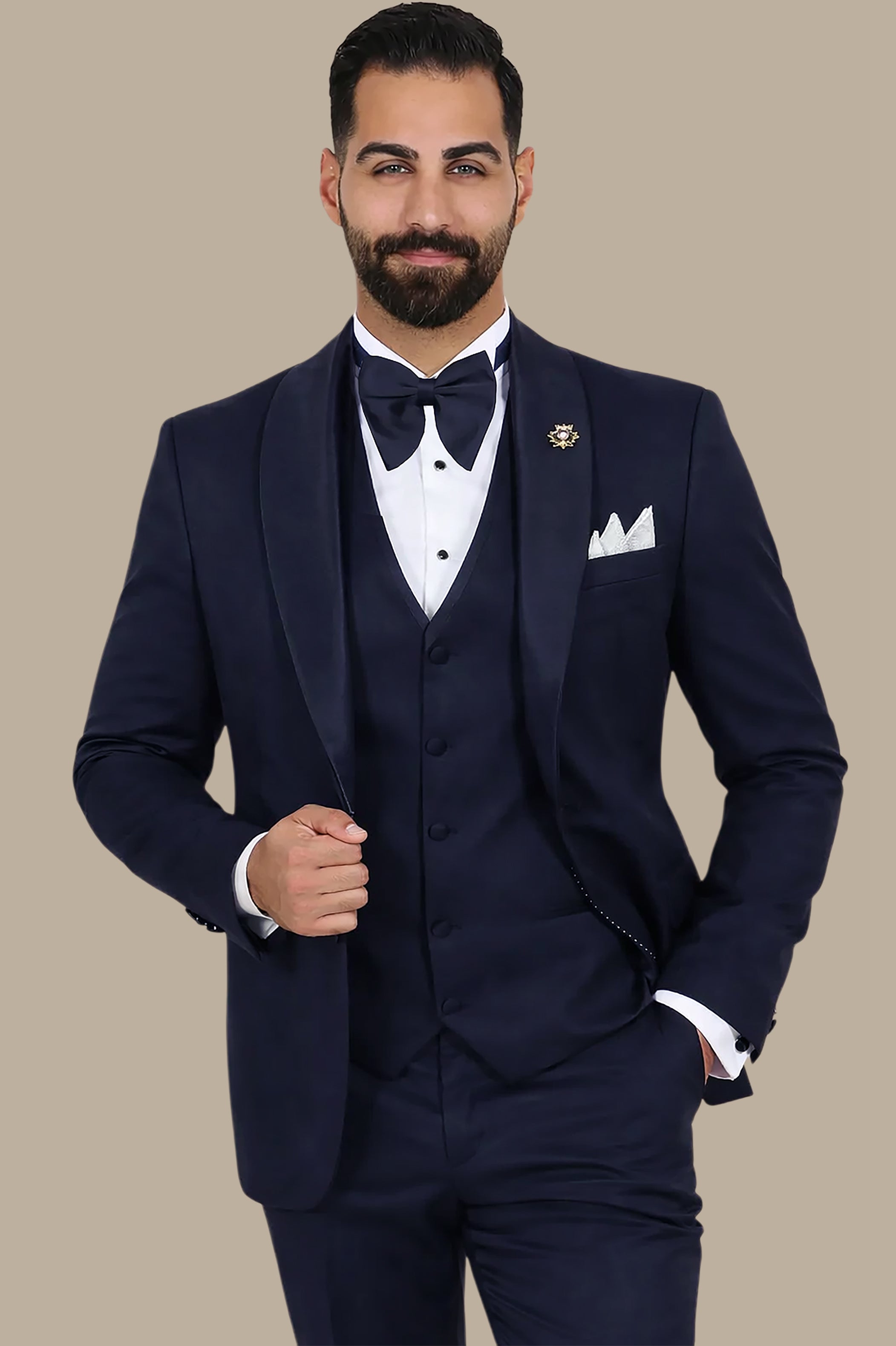 4-Piece Tuxedo Shawl Collar Diamond Pattern Navy