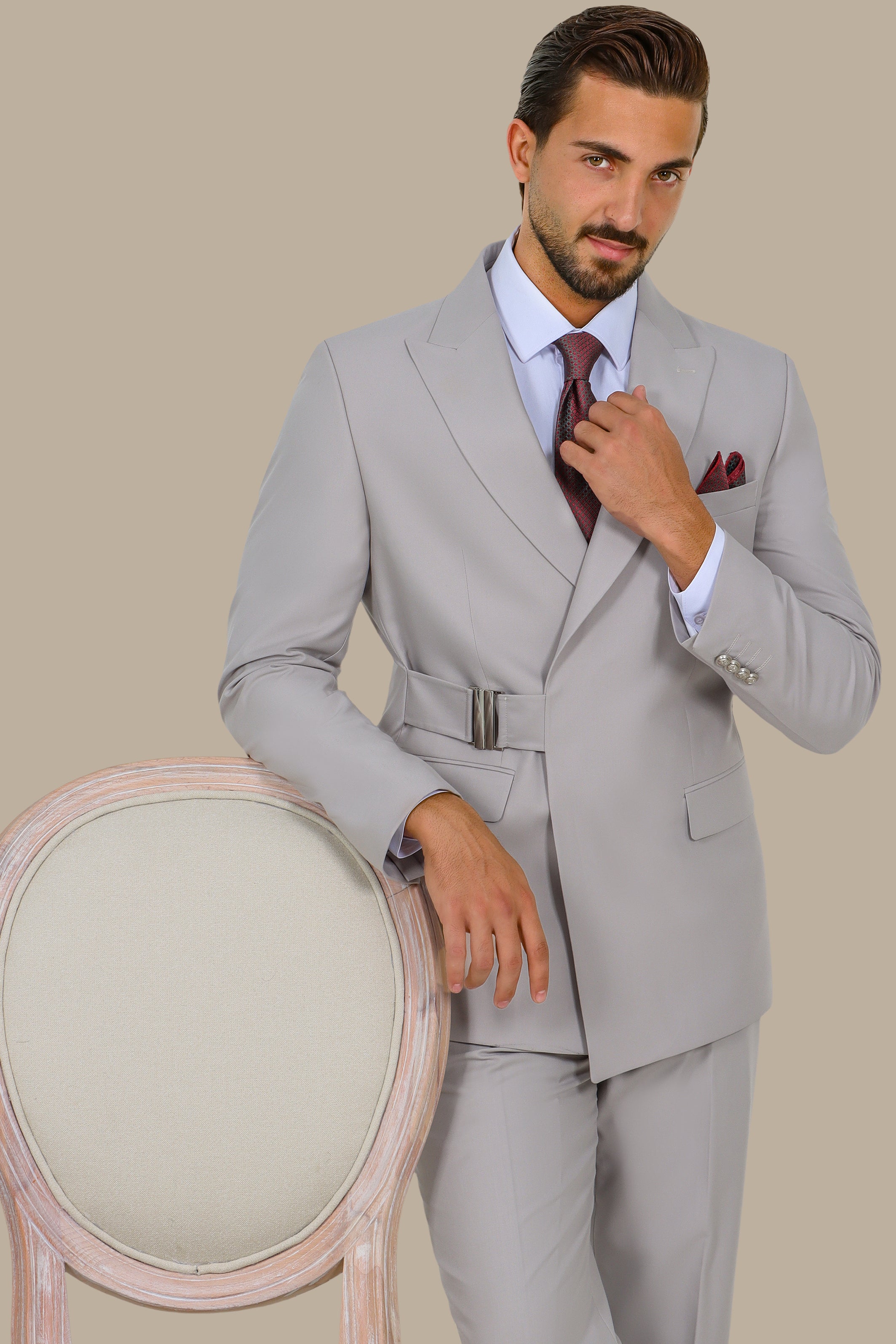 Beige Peak Lapel Suit with Side Buckle