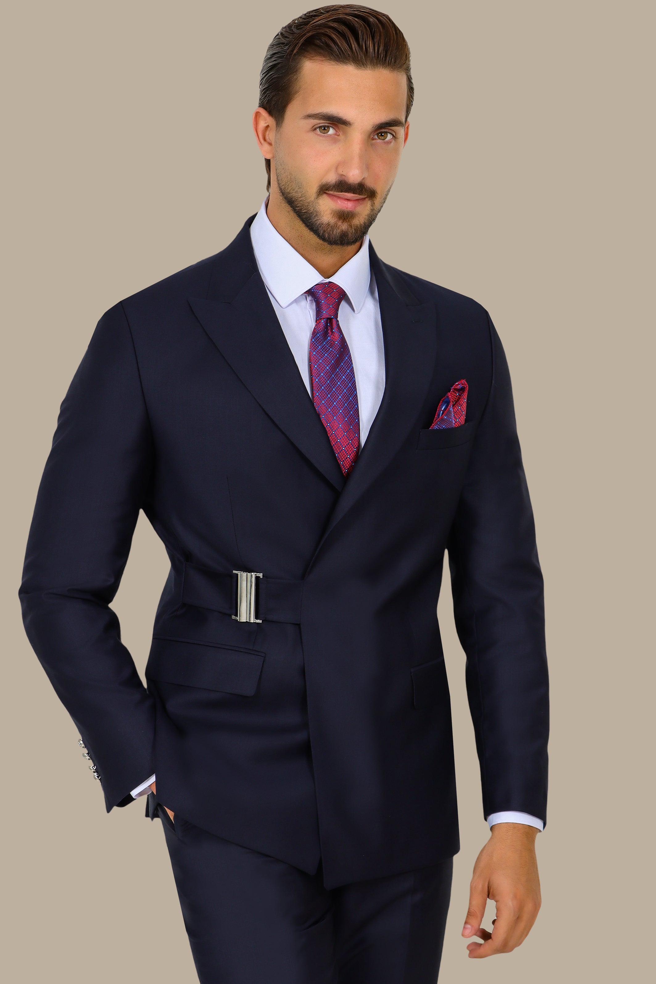 Navy Peak Lapel Suit with Side Buckle