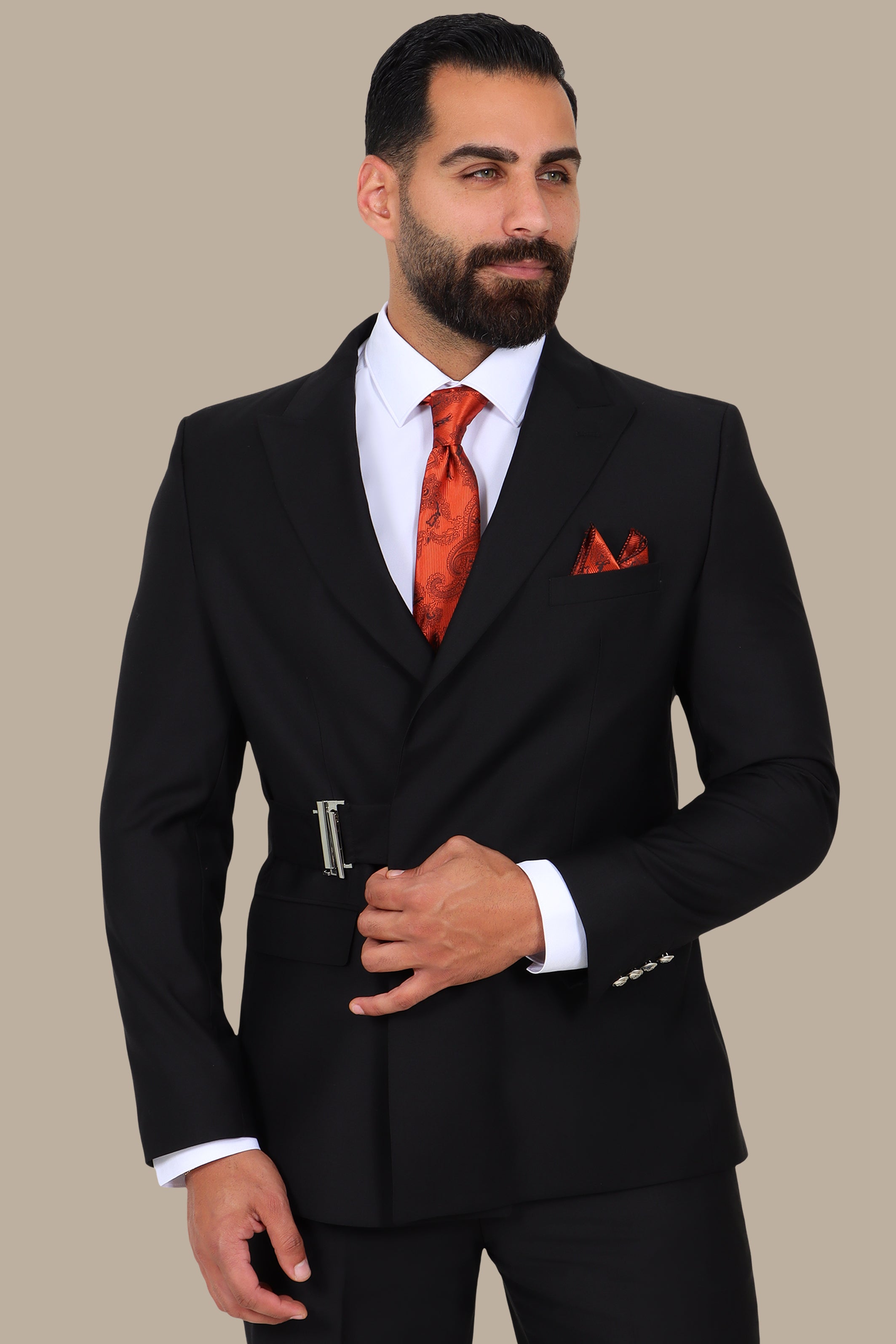 Black Peak Lapel Suit with Side Buckle