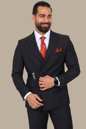 Black Peak Lapel Suit with Side Buckle