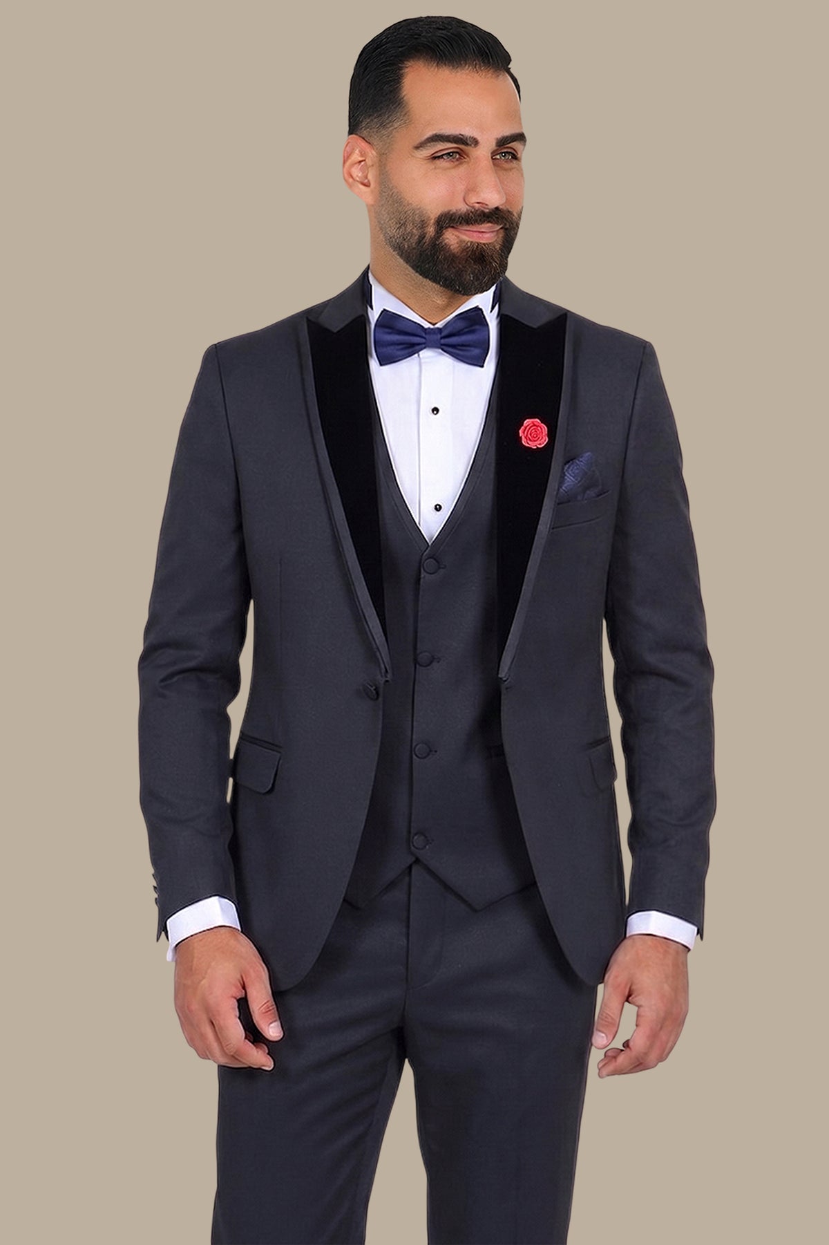 3 Pieces Tuxedo Diamond Pattern Velvet Peak Lapel Navy