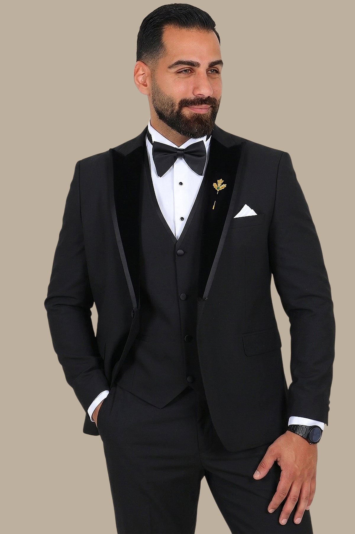Black 3-Piece Tuxedo with Diamond Pattern Velvet Peak Lapel