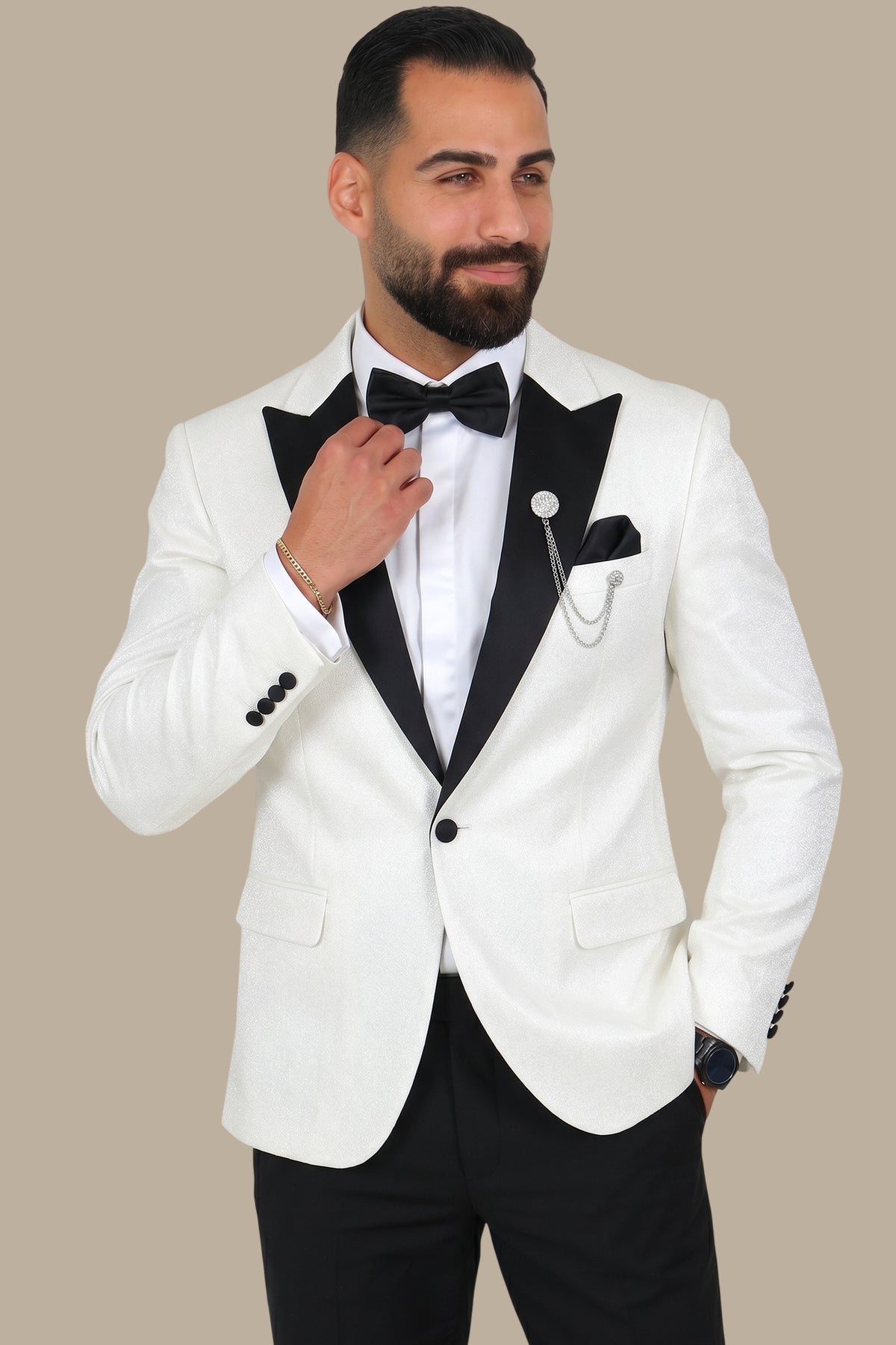 White Elegance Tuxedo with Wide Curved Peak Lapel