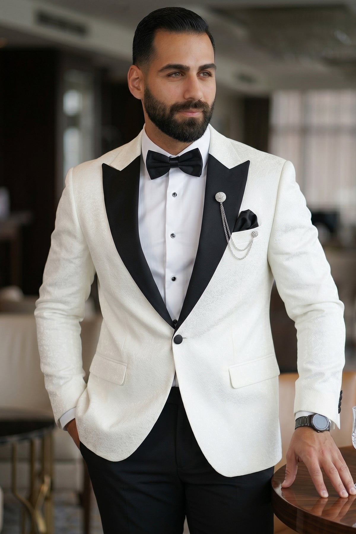 White Elegance Tuxedo with Wide Curved Peak Lapel