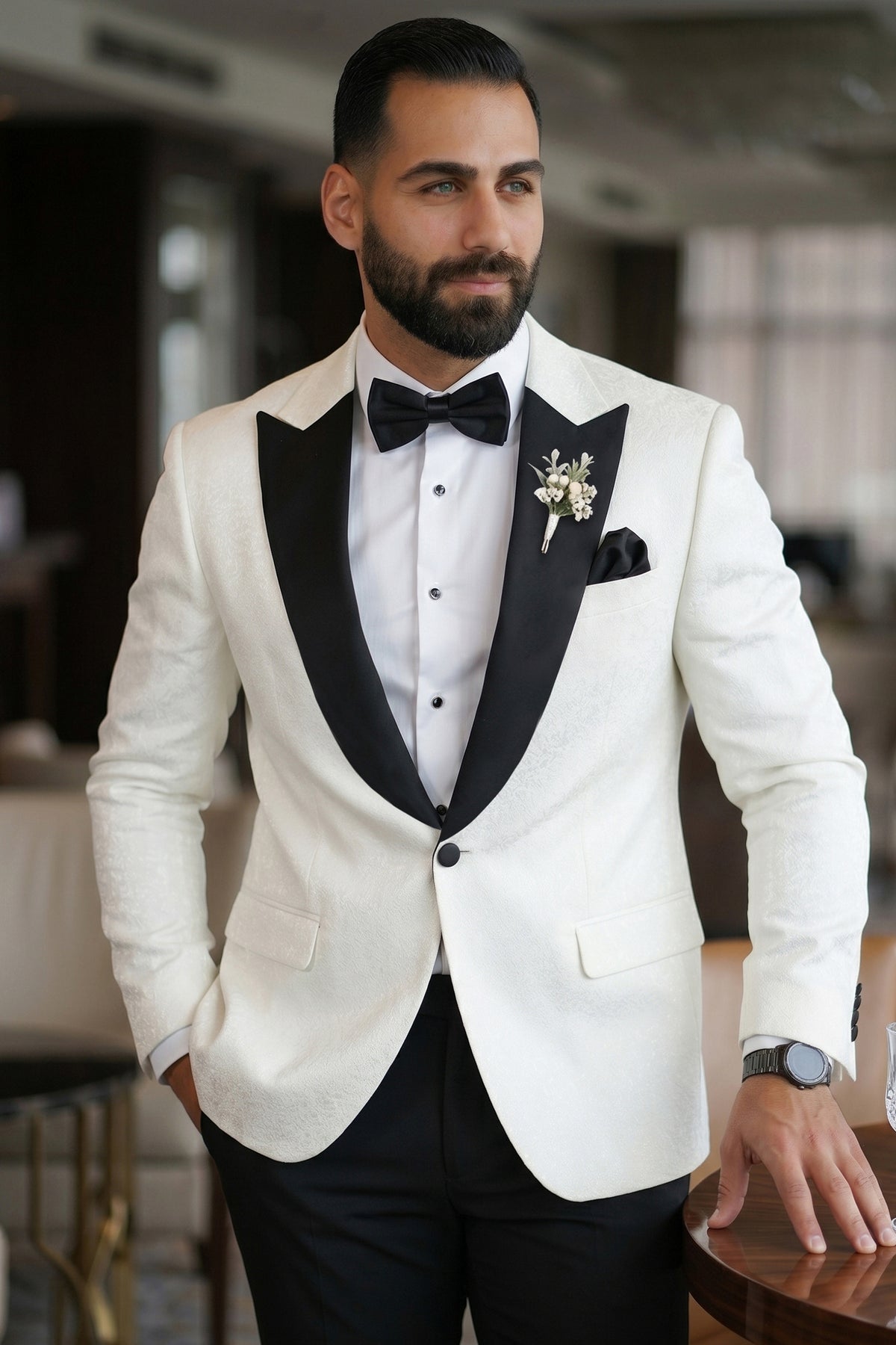 White Elegance Tuxedo with Wide Curved Peak Lapel