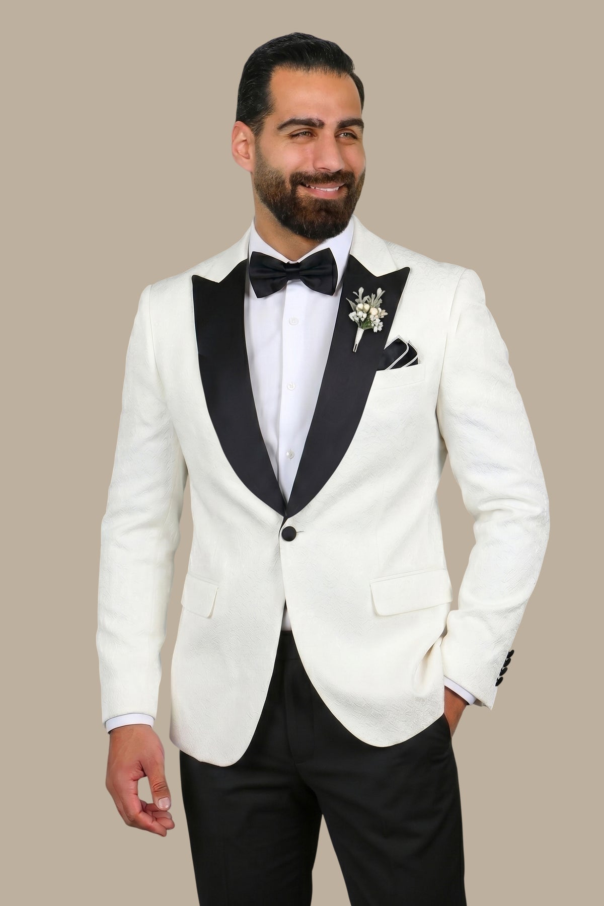White Elegance Tuxedo with Wide Curved Peak Lapel