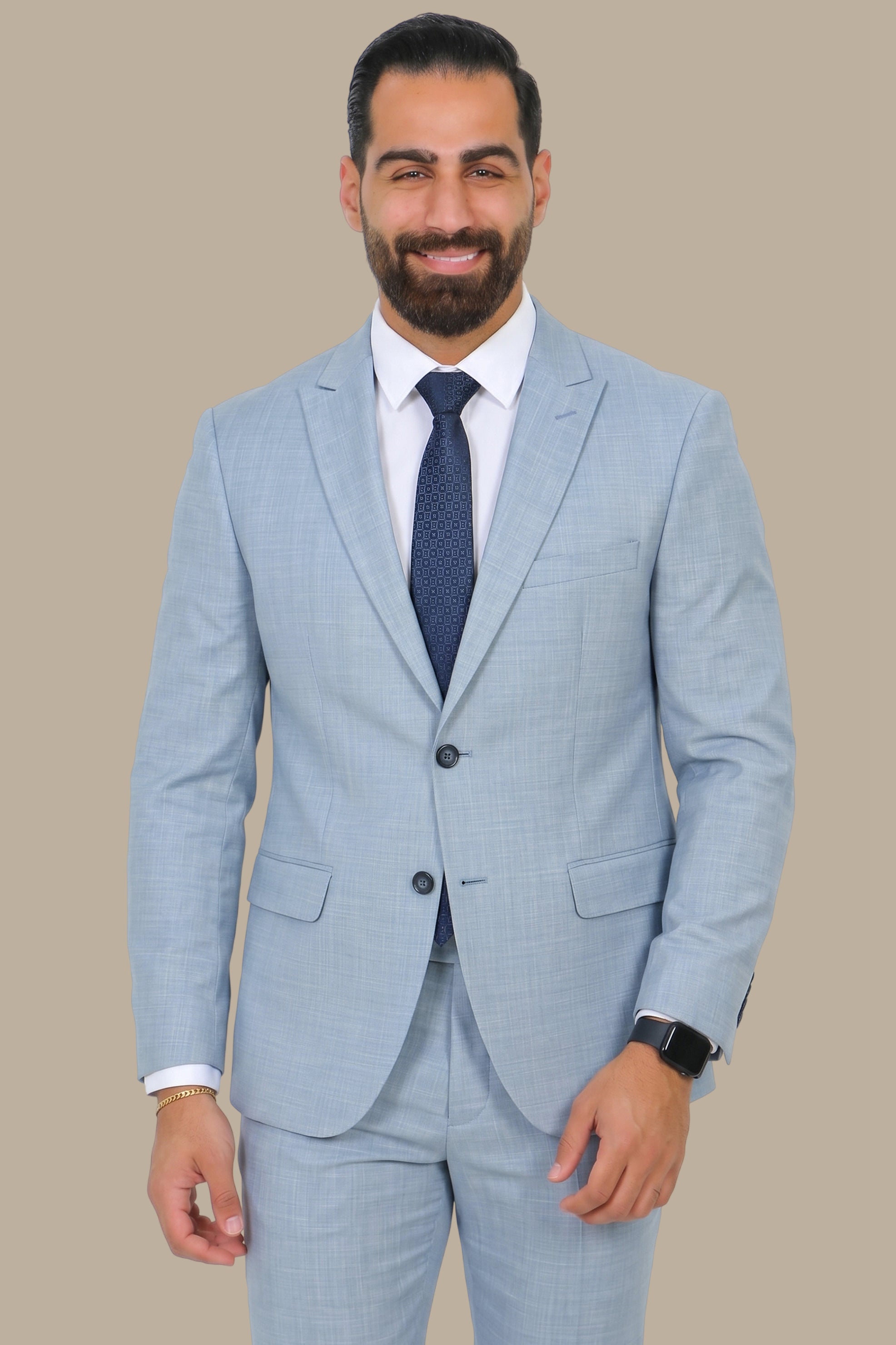 Light Blue Fil-à-Fil Peak Lapel Suit