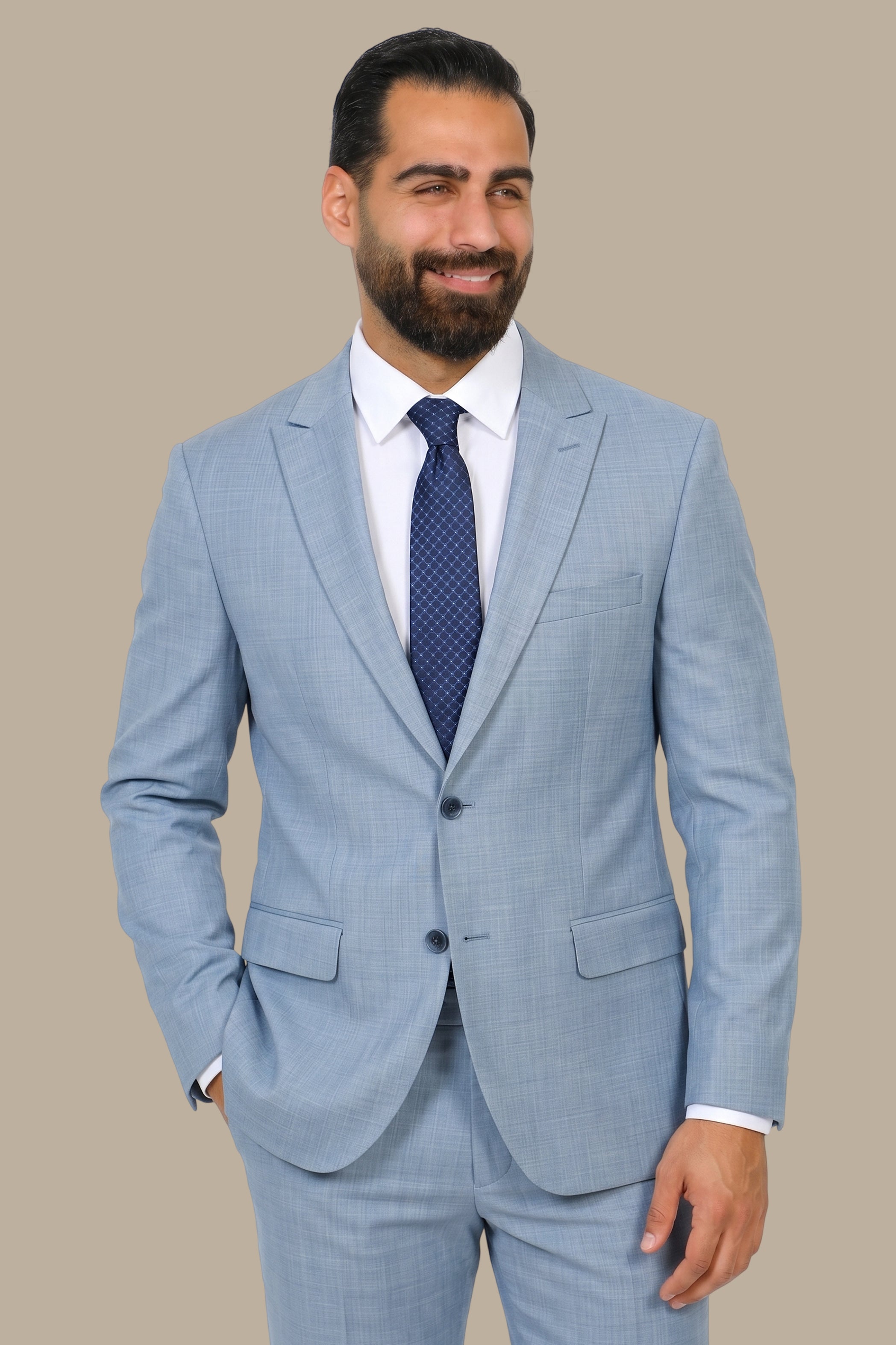 Light Blue Fil-à-Fil Peak Lapel Suit
