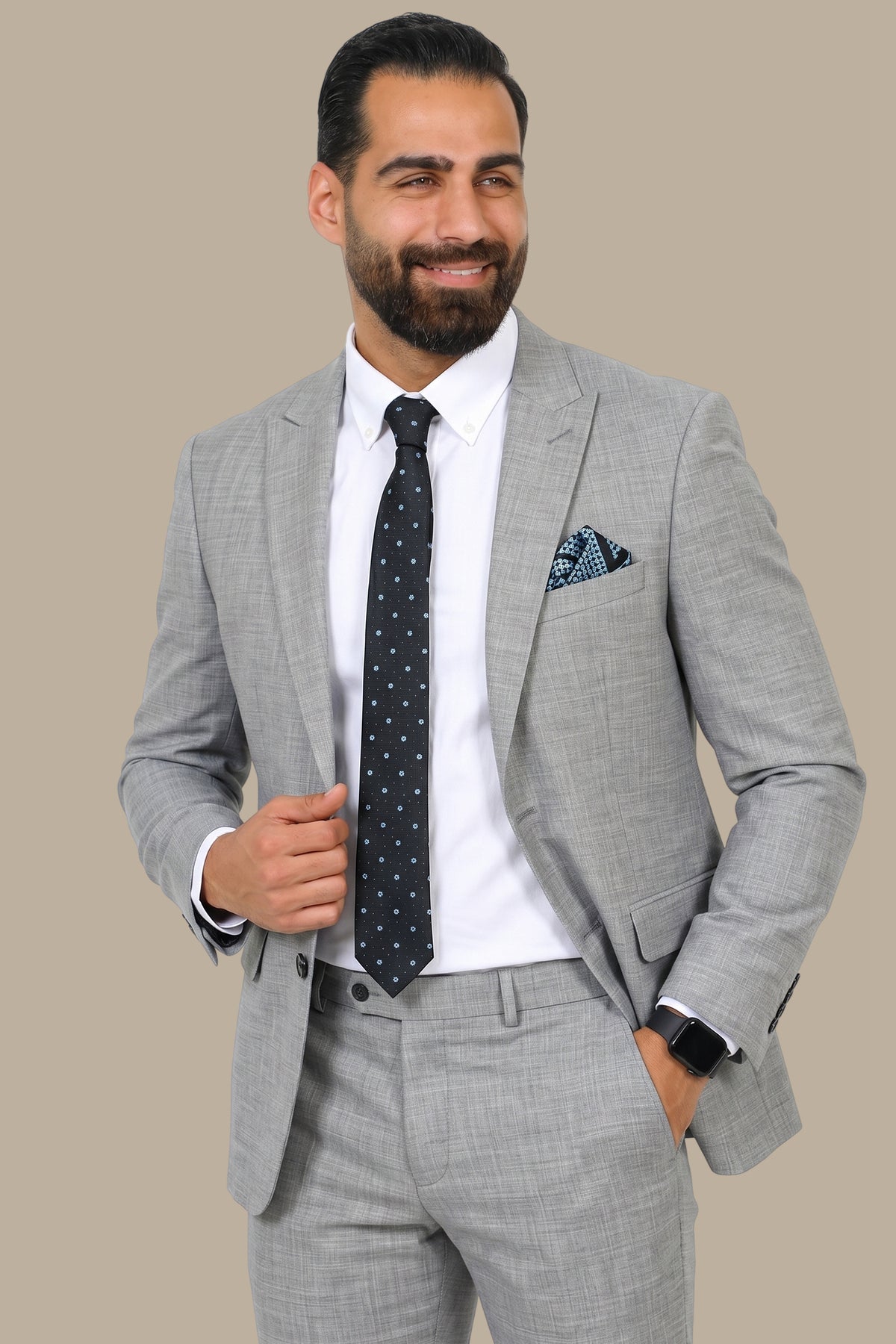 Grey Fil-à-Fil Peak Lapel Suit
