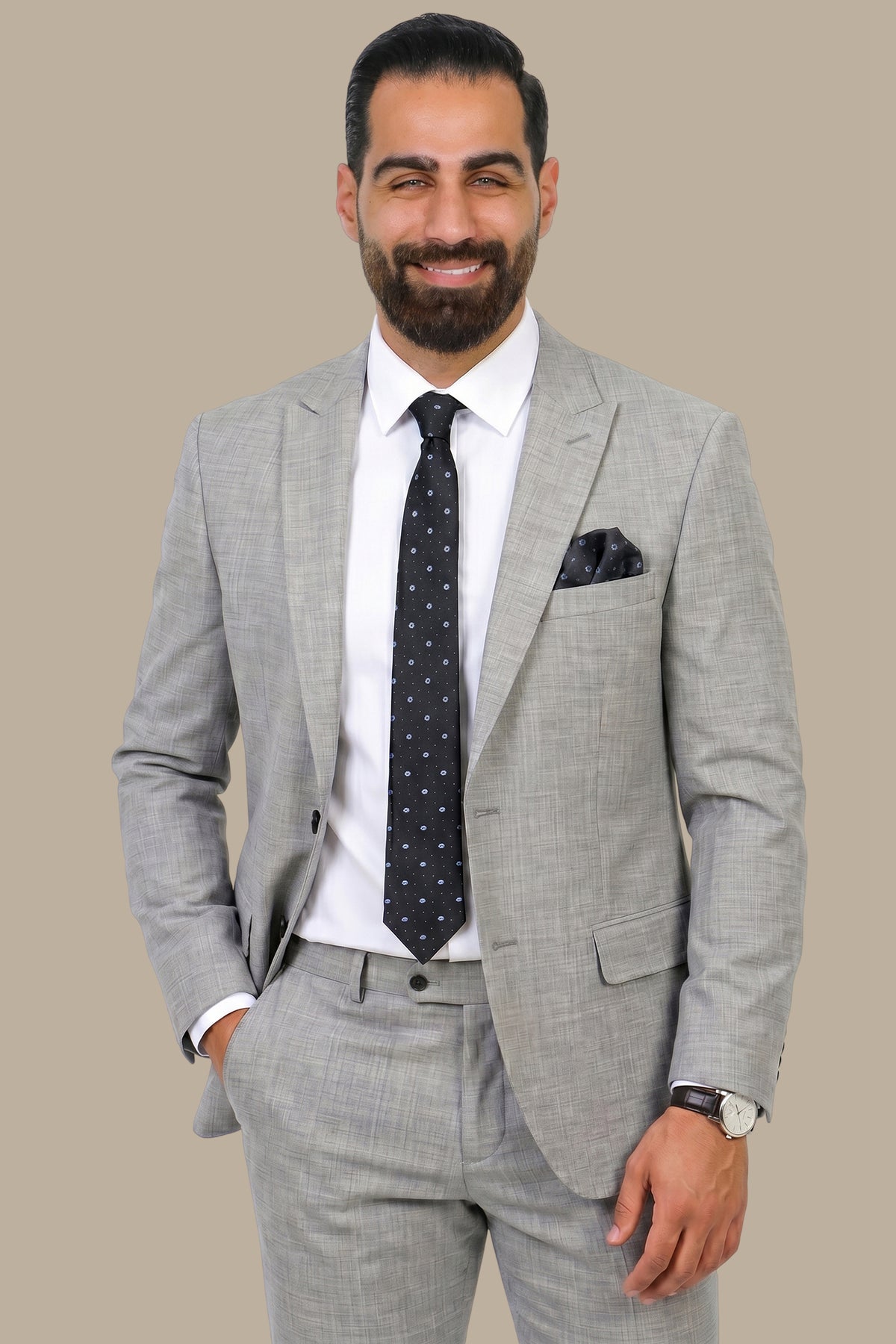 Grey Fil-à-Fil Peak Lapel Suit