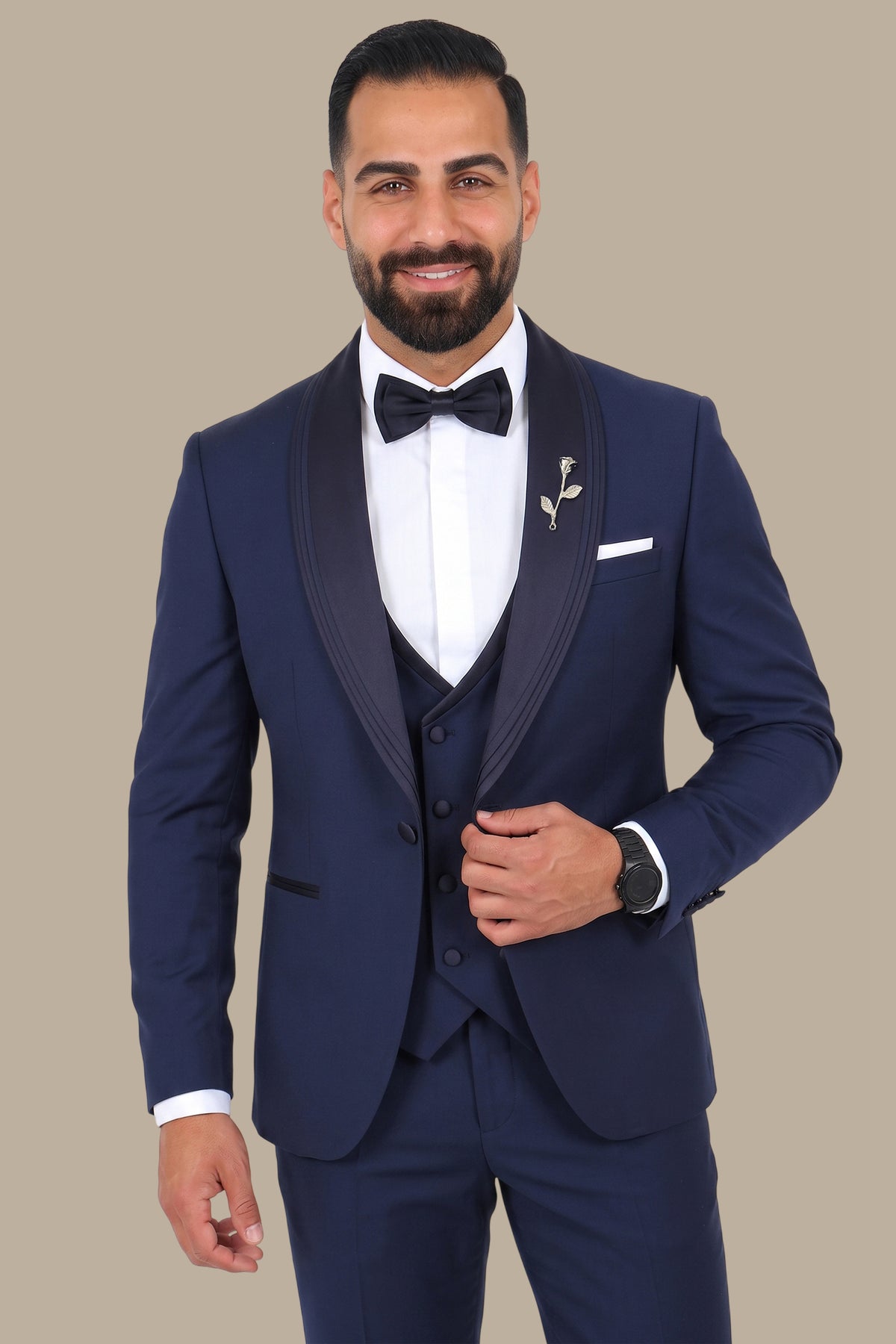 Navy 4-Piece Bord-à-Bord Pleated Shawl Collar Tuxedo