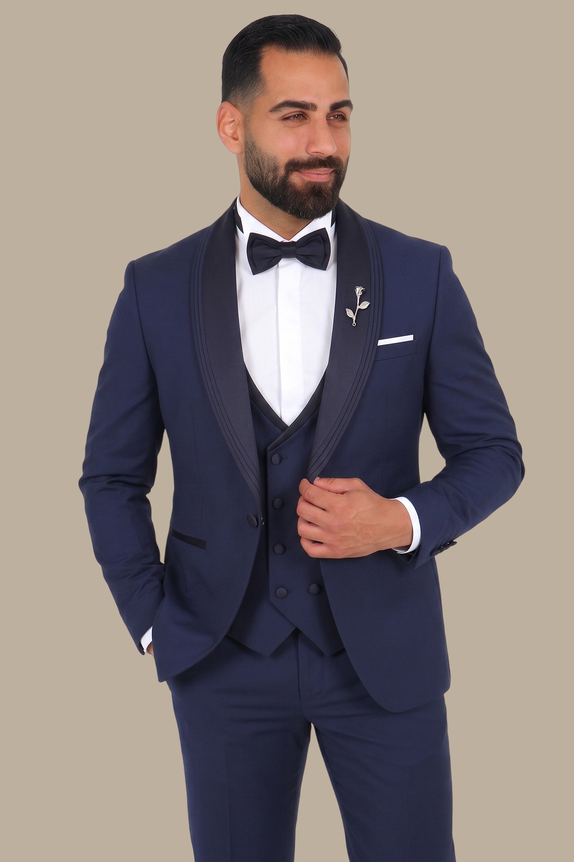 Navy 4-Piece Bord-à-Bord Pleated Shawl Collar Tuxedo