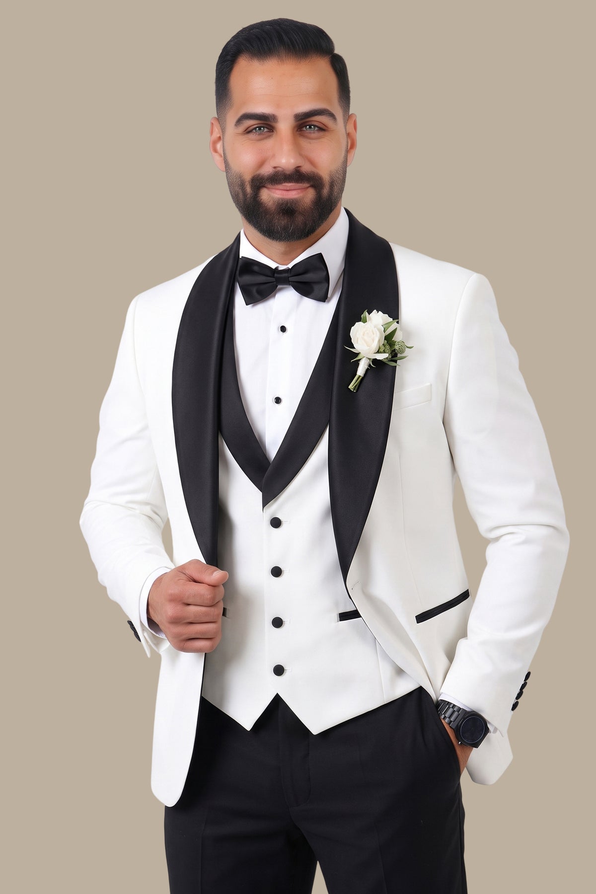 4-Piece Wide Collar Tuxedo Set with Black Pants