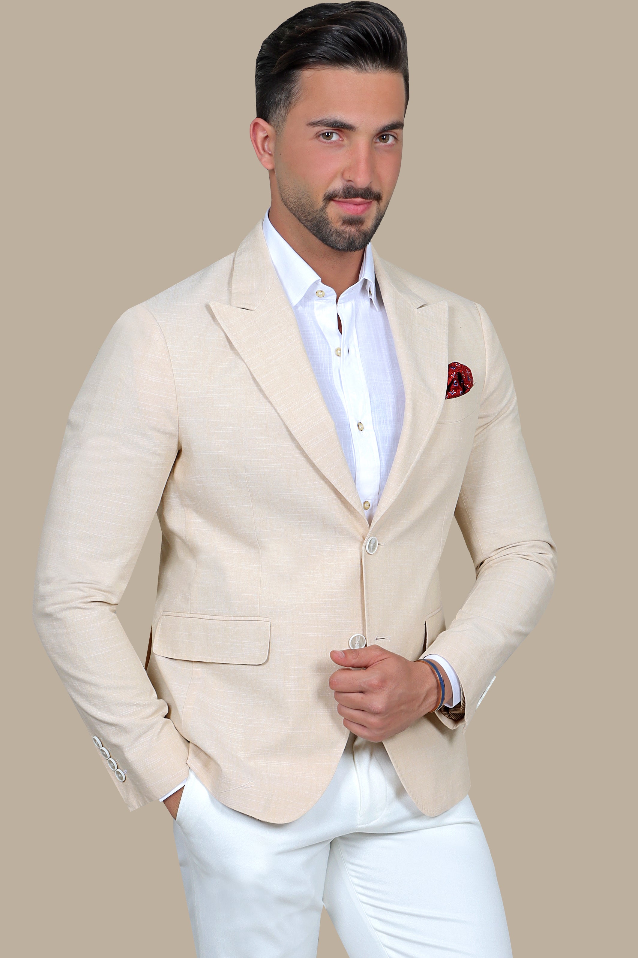 Beige Linen Peak Lapel Blazer