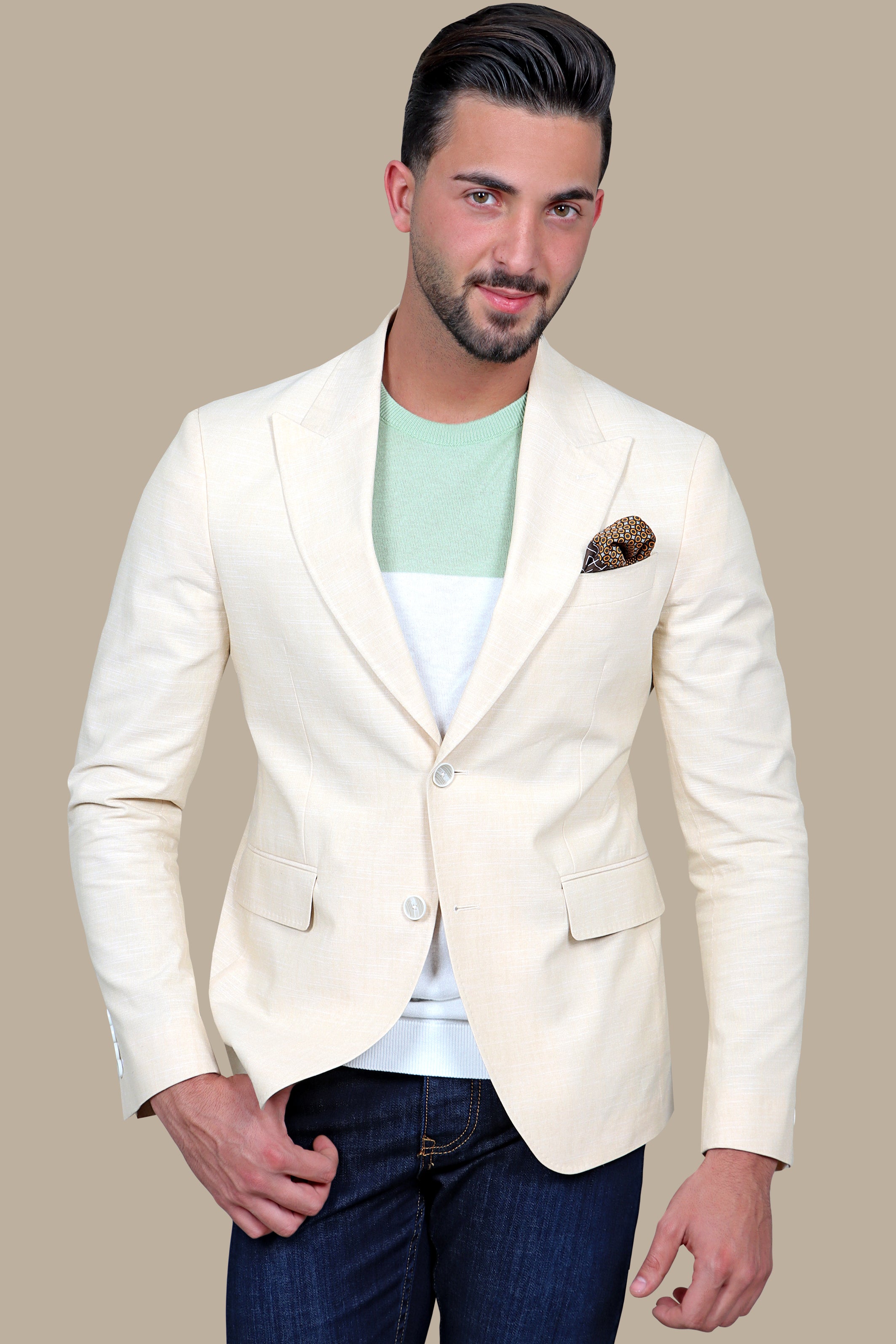 Beige Linen Peak Lapel Blazer