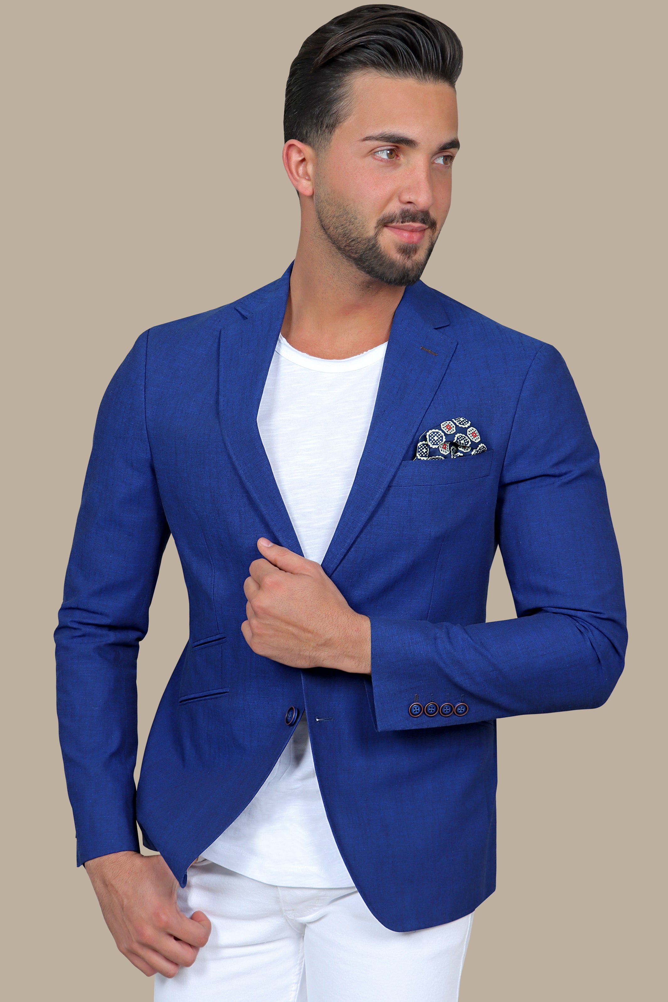 Indigo Elegance: Linen Blazer with Slanted Detail