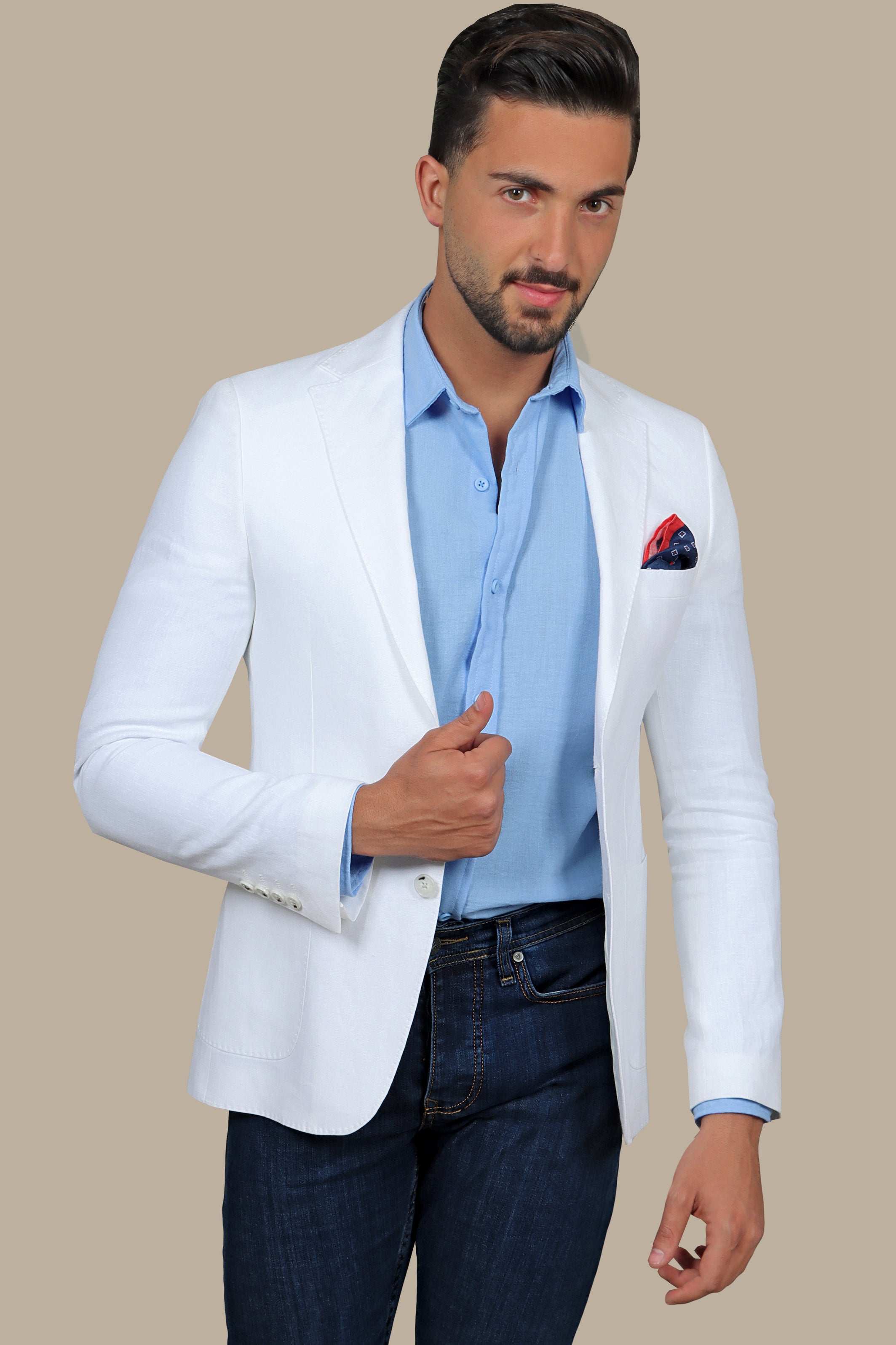 White Linen Blazer with Basic Patch Pockets